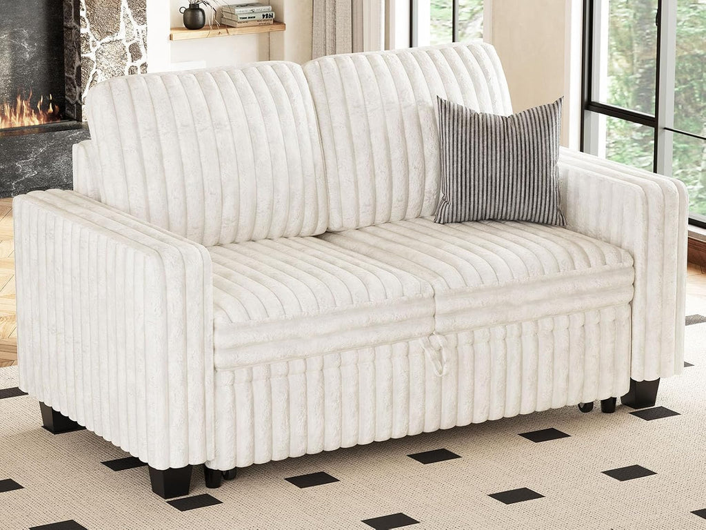 Belffin Corduroy Sectional Sleeper Sofa with Pull Out Bed Modular Sectional Loveseat Sofa Bed for Living Room Beige Couch