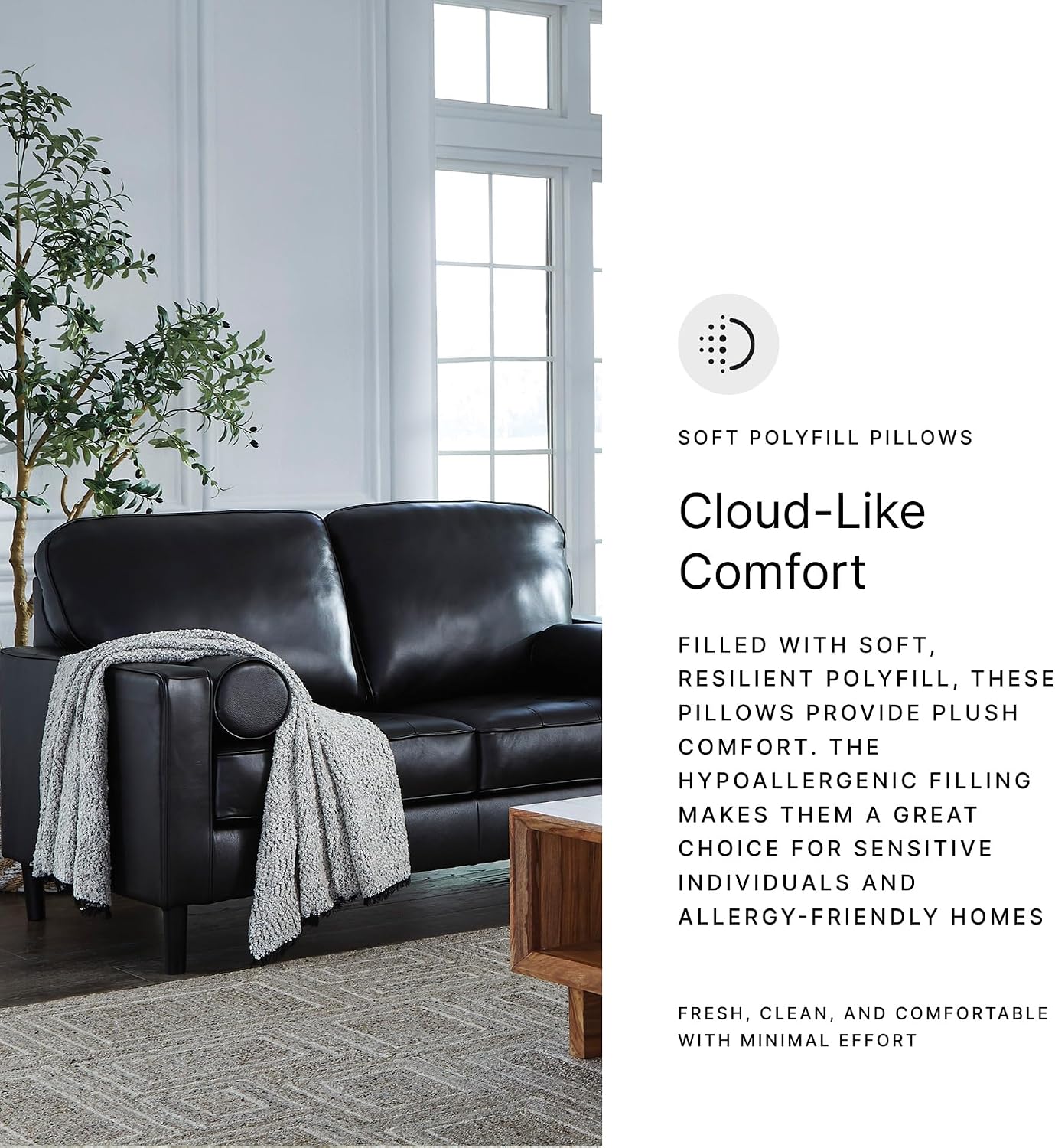 Signature Design by Ashley Bryceview Mid-Century Leather Match Tufted Loveseat with 2 Bolster Pillows, Black