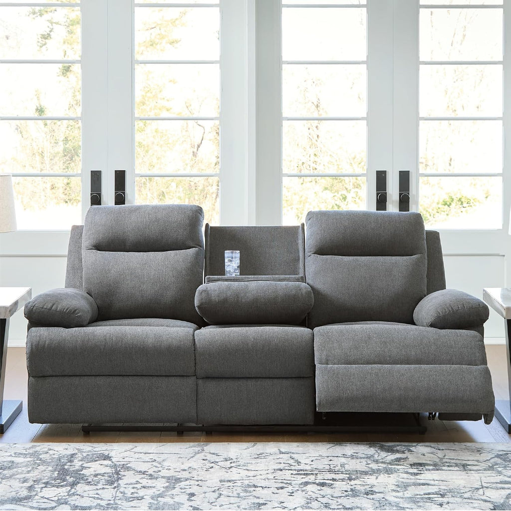 Signature Design by Ashley Yarrow Lane Classic Chenille Manual Pull Tab Reclining Sofa with Drop Down Table and USB Charging, Gray