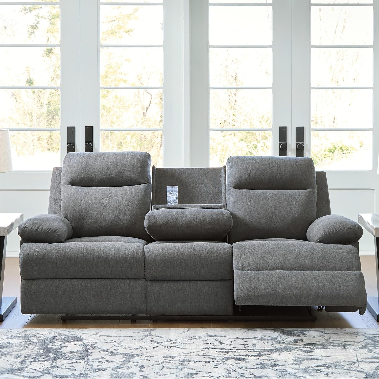 Signature Design by Ashley Yarrow Lane Classic Chenille Manual Pull Tab Reclining Sofa with Drop Down Table and USB Charging, Gray