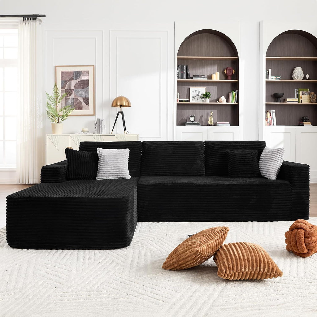 Opiesit 108' Boneless Couches for Living Room, Modular Sectional Sofa with Oversized Chaise, L-Shape Cloud Couch with Deep Seat, High-Density Memory Foam, No Assembly Required, Plush Corduroy Black