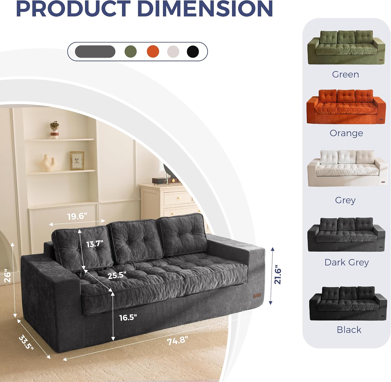 MAXYOYO Boneless Sofa Couch, 75' Oversized Loveseat Sofa, Tufted Floor Couch Bean Bag Chair for Living Room Bedroom Apartment, Sofa in a Box, No Assembly Needed, Dark Grey