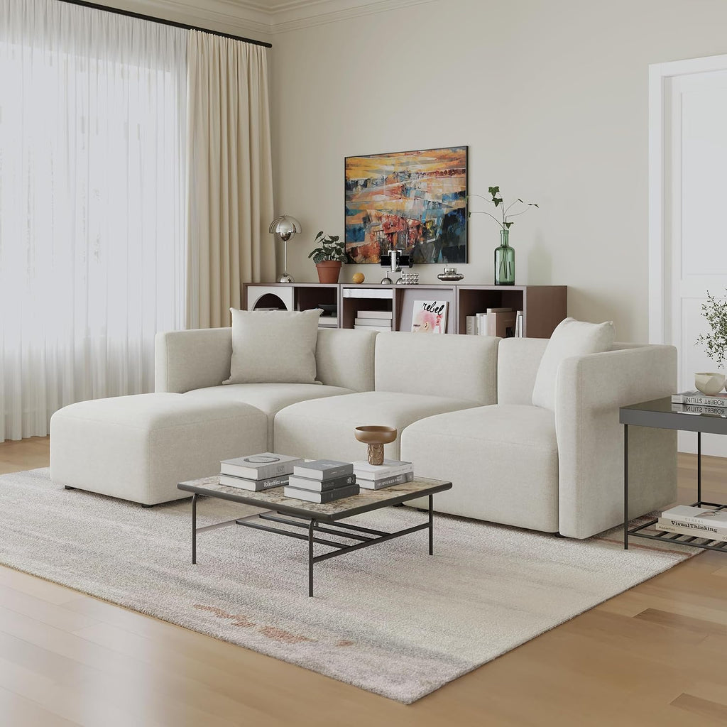 Acanva Luxury L-Shaped Upholstery Convertible Modular Sectional Sofa, Contemporary Reversible Couch with Chaise Lounge for Living Room, Apartment, Linen-Like Cream
