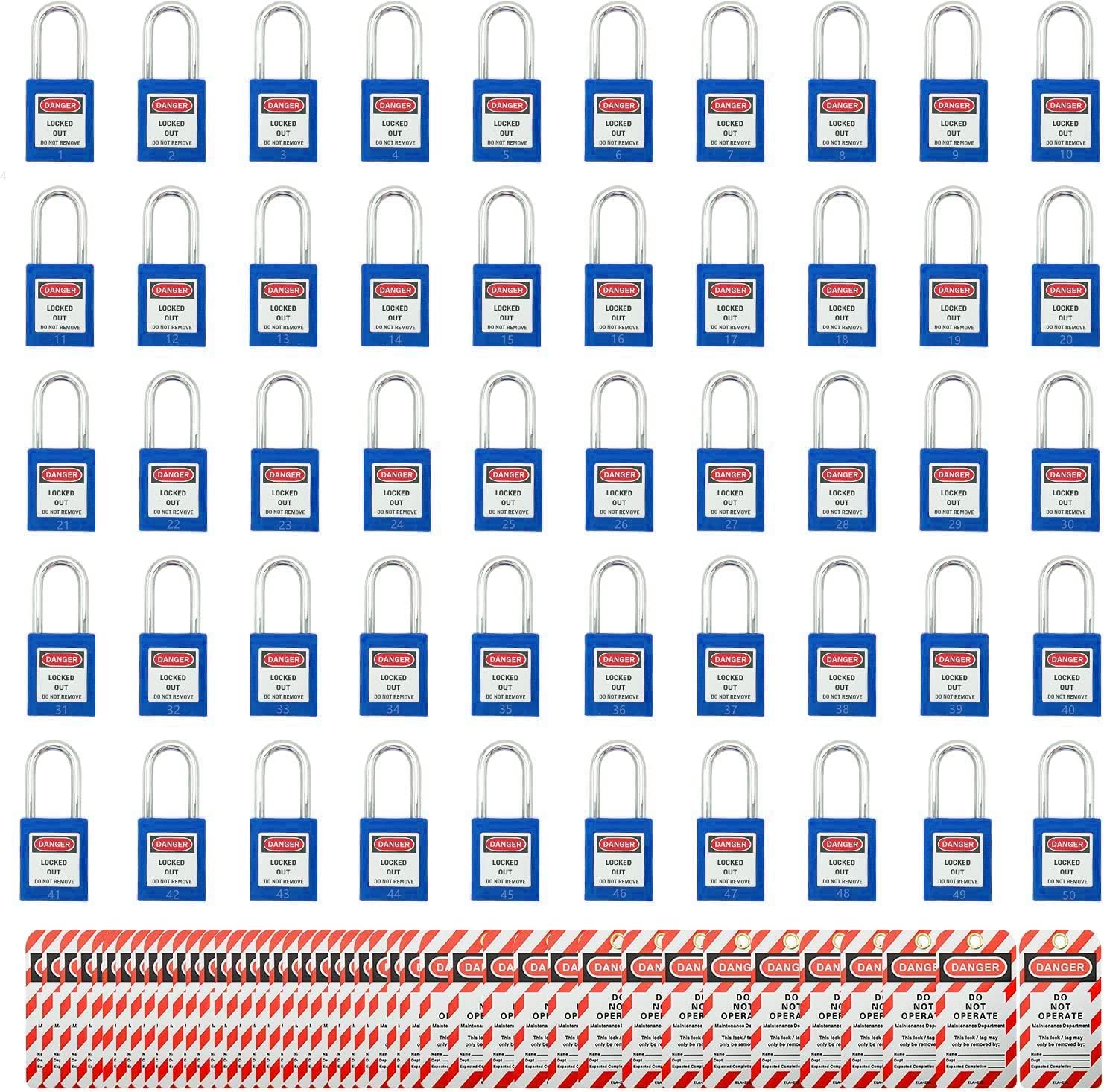 SAFBY 50 Keyed Different Lockout Tagout Locks with 50 Lock Out Tag Out Tags - Loto Safe Padlocks for Lock Out Tag Out Stations and Devices (1-50 Blue)