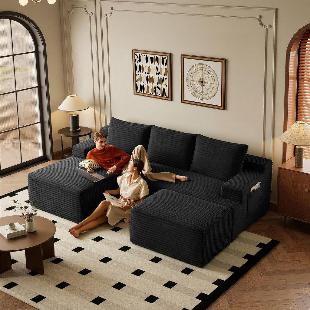 96''Sectional Couches for Living Room,Modern Modular Sectional Sofa,Upholstered Boneless Couch Comfy Cloud Couch with L Shaped Chaise (Black, 96''W Left Facing Chaise+Ottoman)