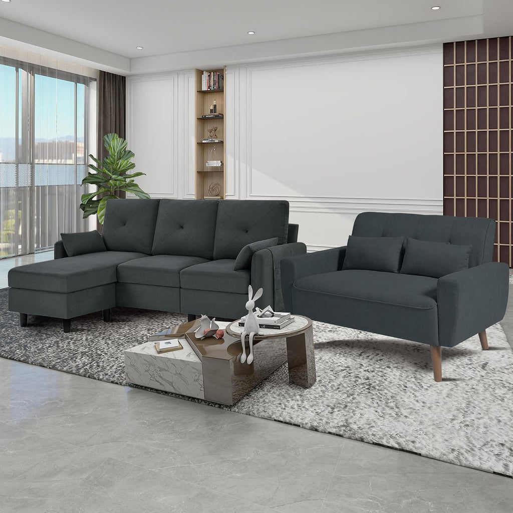 Convertible Sectional Couch Set, 77' L Shaped Sofa with Ottoman and 48' Loveseat, Modern Couches for Living Room, Apartment and Office, Dark Grey