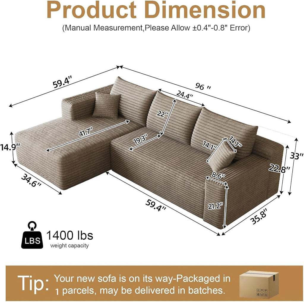 AUGOP 96' Sectional Couches for Living Room Modern Modular Sofa with L-Shape Couchs Upholstered Boneless Couch Deep Seat Sectional Couch with Chaise (Camel, 96' Left Facing Chaise+2Seaters)