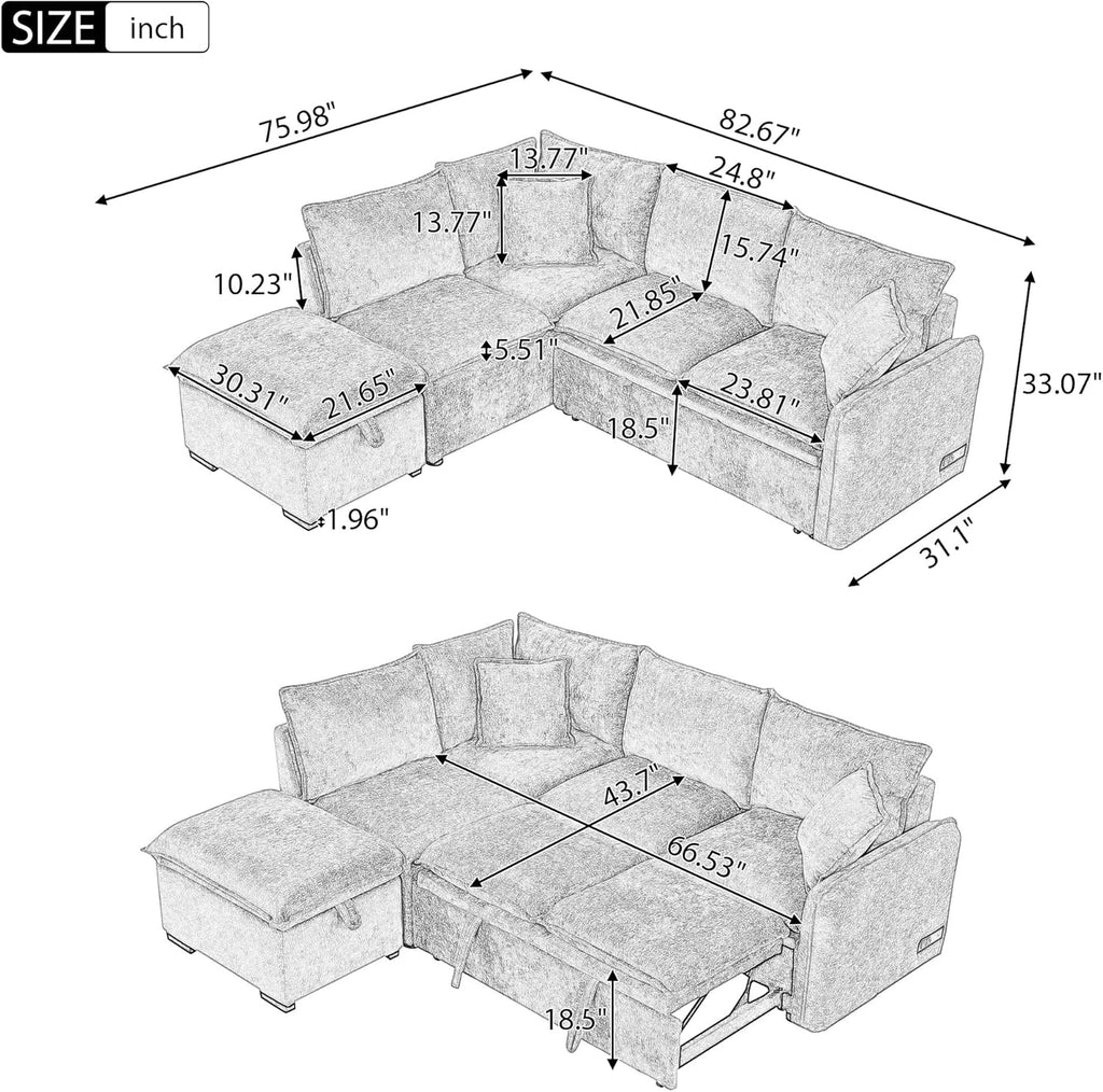 LUMISOL 82.7' Convertible Sleeper Sofa Bed with Storage Ottoman, L-Shaped Sectional Sofa with Pull Out Bed, USB Ports, Chenille Sleeper Sofa Couch with Chaise for Living Room, Green