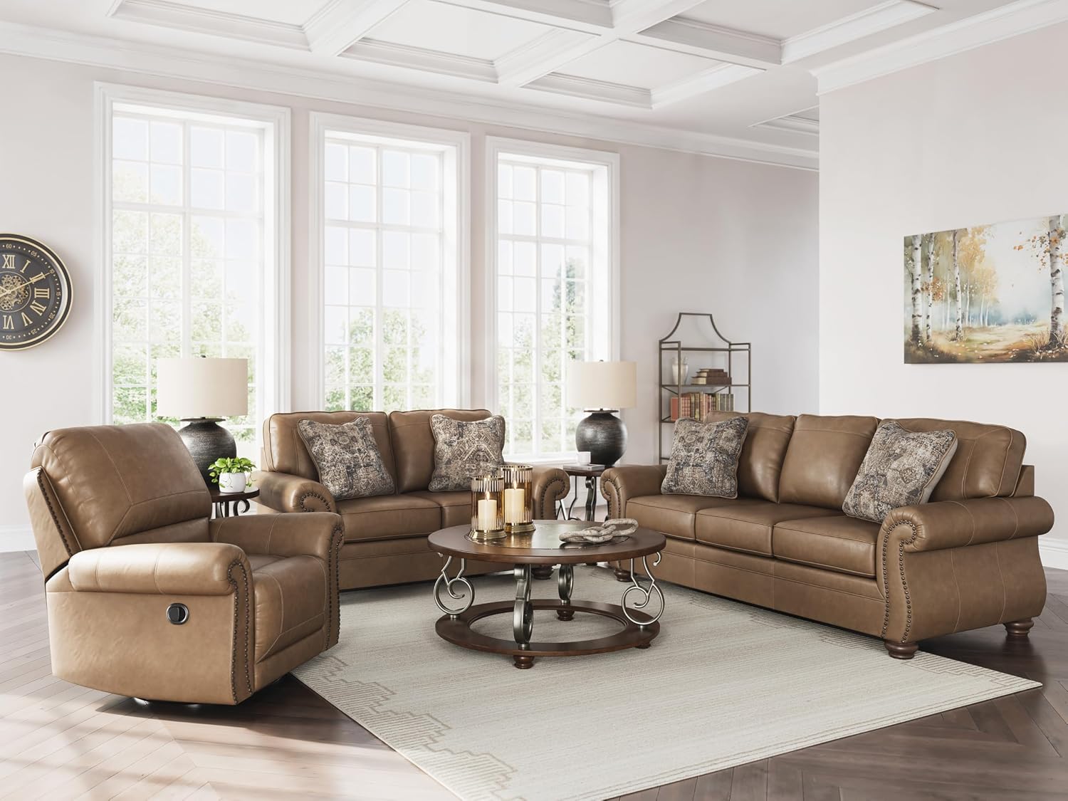 Signature Design by Ashley Shadsburne Rustic Faux Leather Sofa with Nailhead Trim and 2 Throw Pillows, Brown