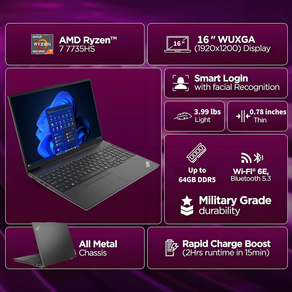 Lenovo ThinkPad E16 Gen 2 16' FHD+ Business Laptop Computer, AMD Ryzen 7 7735HS 8-Core, 32GB DDR5 RAM, 1TB PCIe SSD, WiFi 6E, Backlit KB, Fingerprint, Win 11 Pro, USB-C Hub, Office 365, Charcoal
