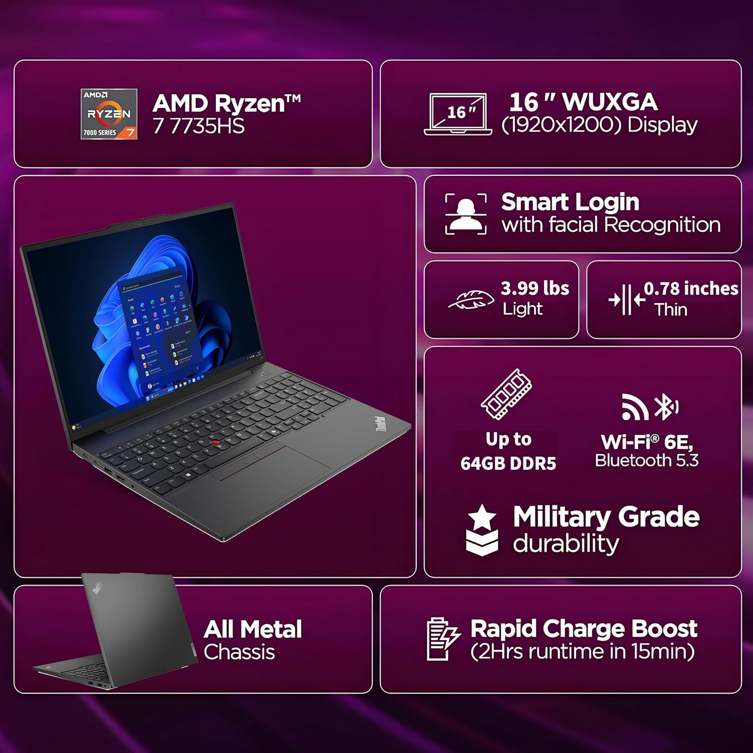 Lenovo ThinkPad E16 Gen 2 16' FHD+ Business Laptop Computer, AMD Ryzen 7 7735HS 8-Core, 64GB DDR5 RAM, 1TB PCIe SSD, WiFi 6E, Backlit KB, Fingerprint, Win 11 Pro, USB-C Hub, Office 365, Charcoal