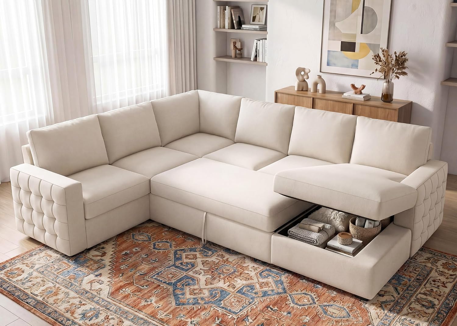 HONBAY Sectional Couch with Pull Out Bed, Sectional Sleeper Sofa with Storage, U Shape Couches for Living Room, Velvet Beige