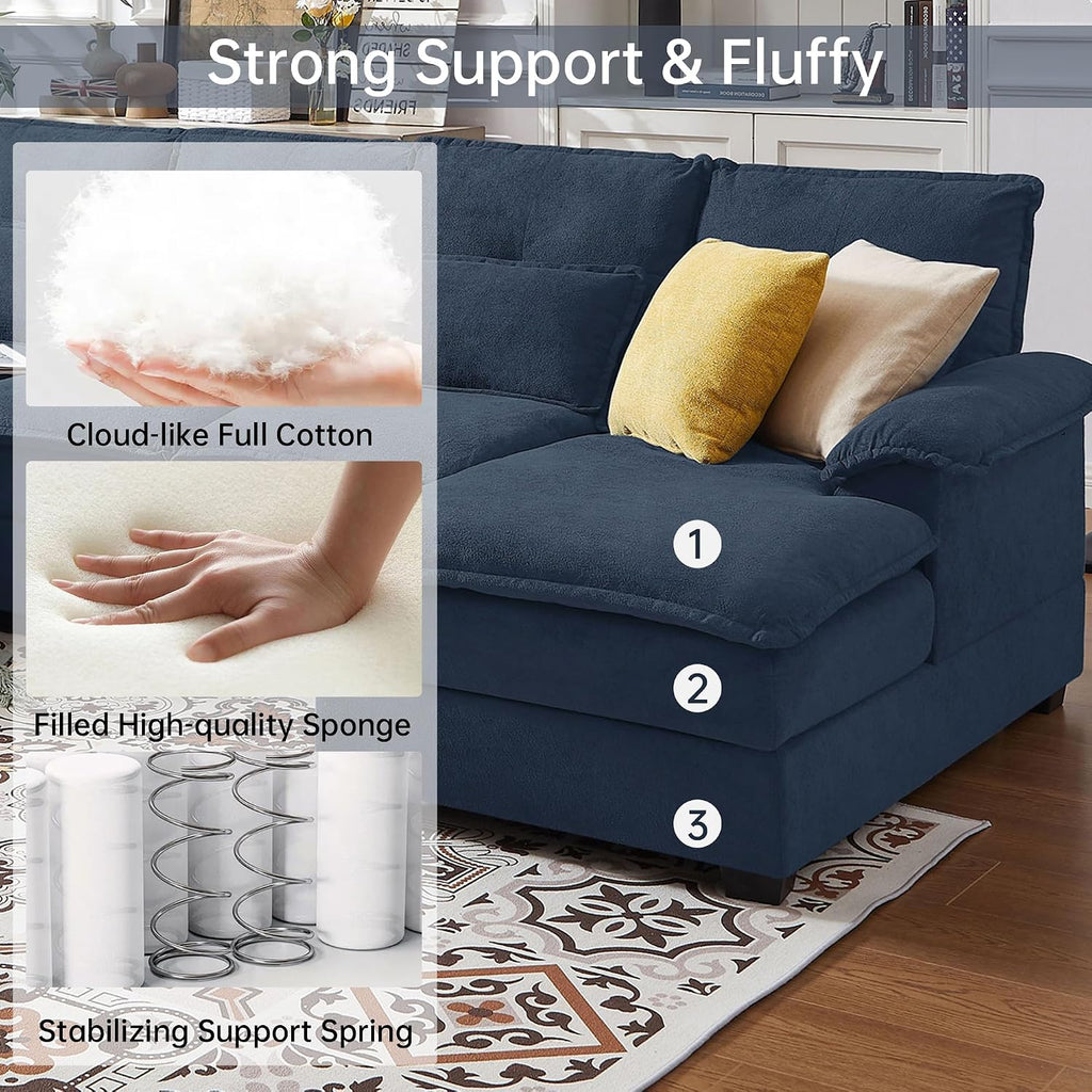 110' Comfy Cloud Couch Sectional Sofa with Lumbar Pillows, Modern U-Shaped Cloud Sofa with Double Chaise & Deep Seat for Living Room, or Office, Easy Assembly, Dark Blue