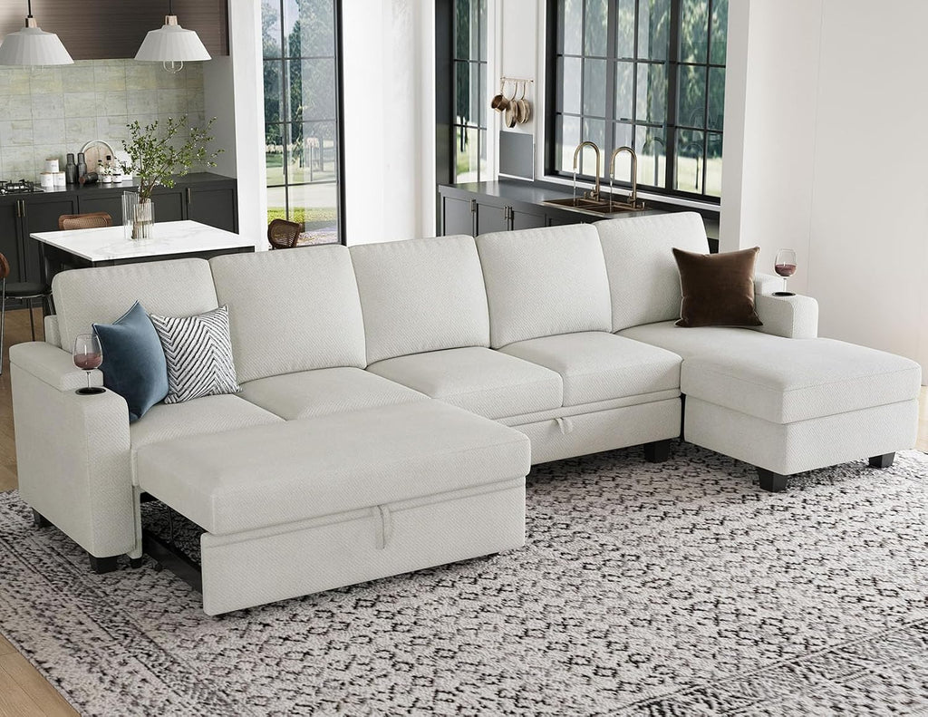 Belffin Modular Sectional Sleeper Sofa Bed with Storage Chaise L Shaped Sectional Couches for Living Room Armrest with Cup Holder. White Couch