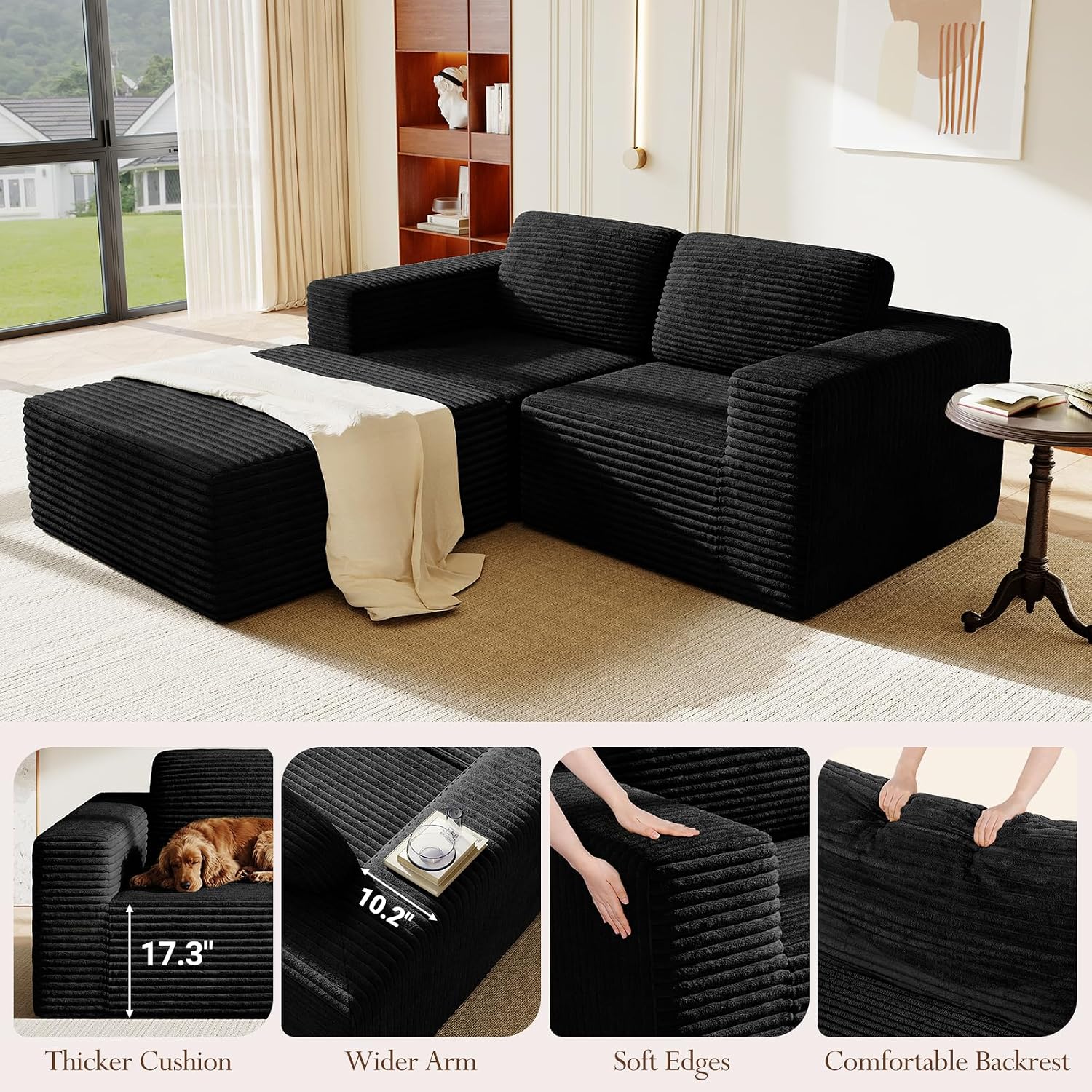 Vesgantti 80' Modular Sectional Sofa, Corduroy Cloud Couch with Deep Seats & Spring Support, Compact 2 Seater Boneless Couch, L-Shaped Modular Sofa for Small Spaces, Apartments, No Assembly, Black