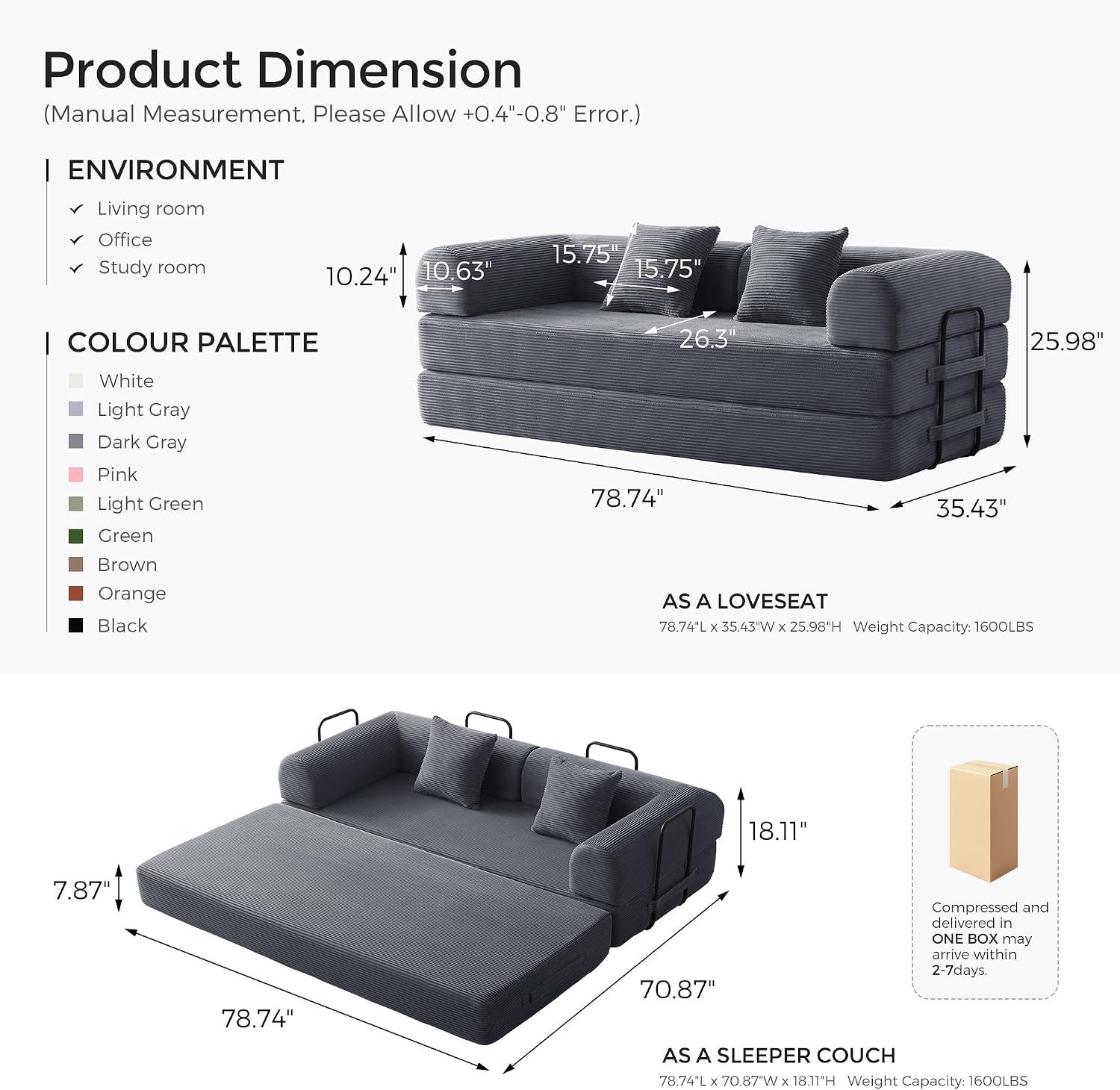 79' Convertible Sofa Bed with Fixed-Shape Frame & Removable Armrests, Modular Corduroy Sleeper Sofa, Folding Mattress Couch for Small Spaces - No Assembly Needed in Dark Gray (Includes 2 Pillows)