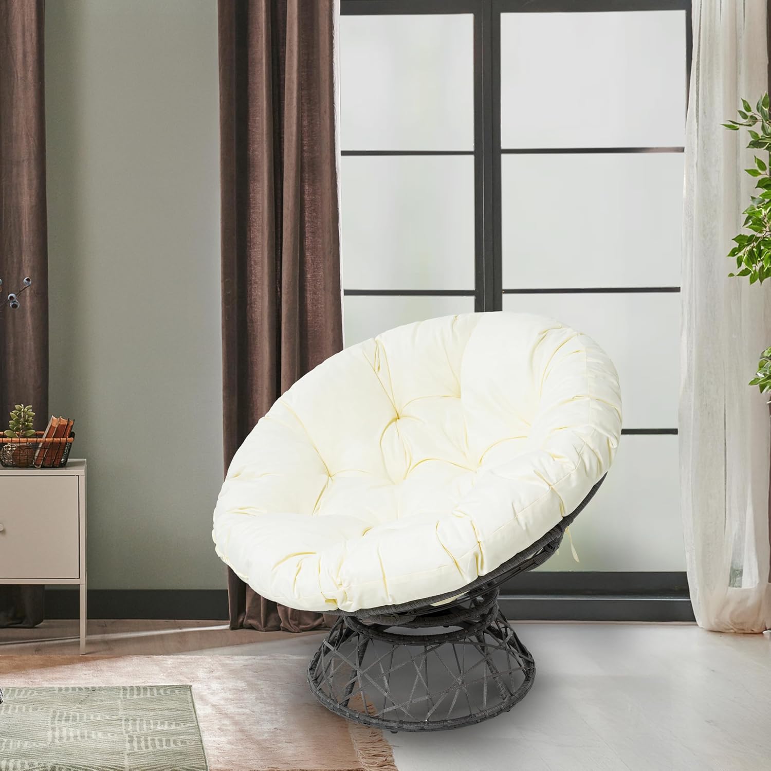Naomi Home 40' Papasan Chair Indoor with Cushion and Frame – Round Wicker Papasan Chair with Thick Tufted Cushion, Sturdy Metal Base, Large Reading Chair for Bedroom & Living Room, Cream