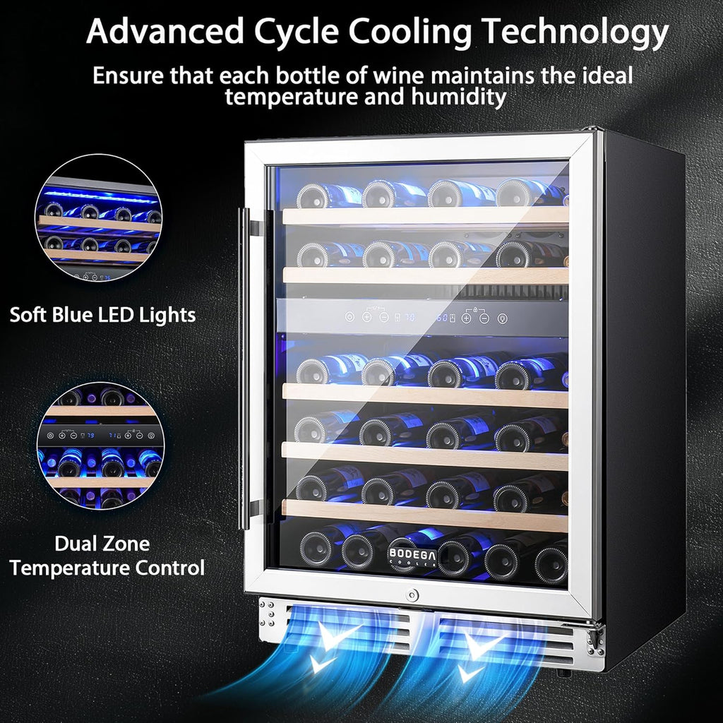 BODEGA 24 inch Wine Cooler, 46 Bottle, Under Counter Wine Cooler 24'' with Adjustable Shelves, Built-in Wine Refrigerators Free standing, Energy Efficient, Dual Zone Wine Fridge for Home Bar Office.