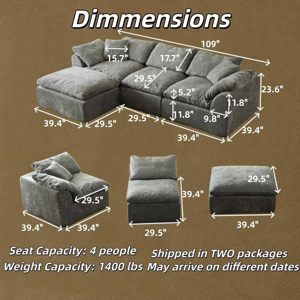 109' Modern Cloud Couches for Living Room, Deep Seat Convertible L-Shape Boneless Couch, Oversized Comfy 3-Seater Couch Chenille Fabric Compression Sofa Bed Modular Sectional Sofa,(Dark Grey)