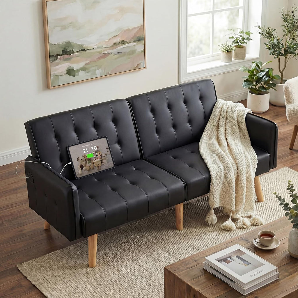 TYBOATLE Faux Leather Convertible 65'' Folding Futon Sofa Bed w/ 2 USB, Loveseat for Small Space, Apartment, Dorm, Living Room, Office, Black