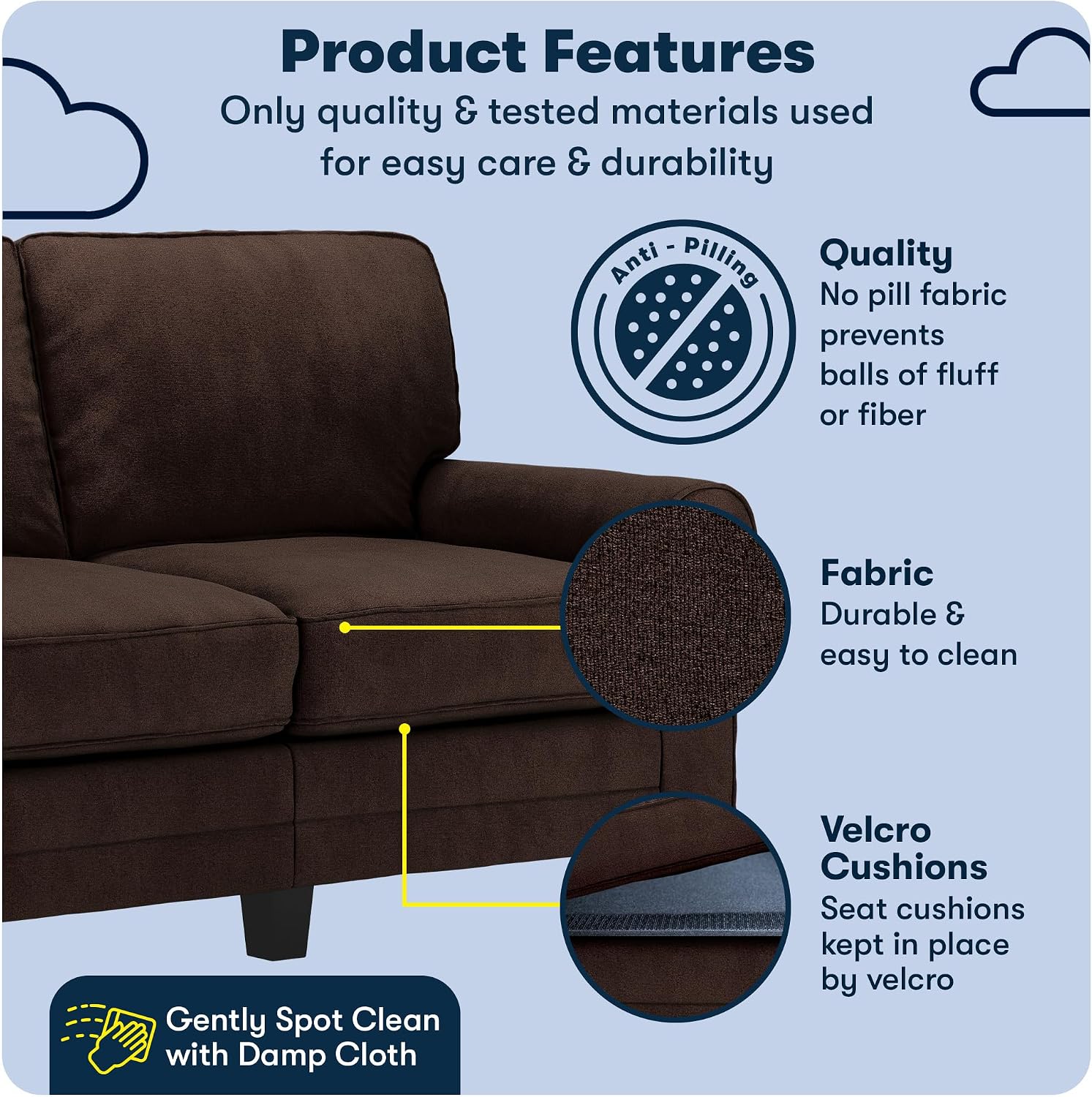 Serta Copenhagen 61' Rolled Arm Sofa, Easy Care Polyester, Soft Pillow Back, Pocket Coil Seat Cushions, Removable Covers, Loveseat or Couch for Small Spaces, Living Rooms or Bedrooms, Brown