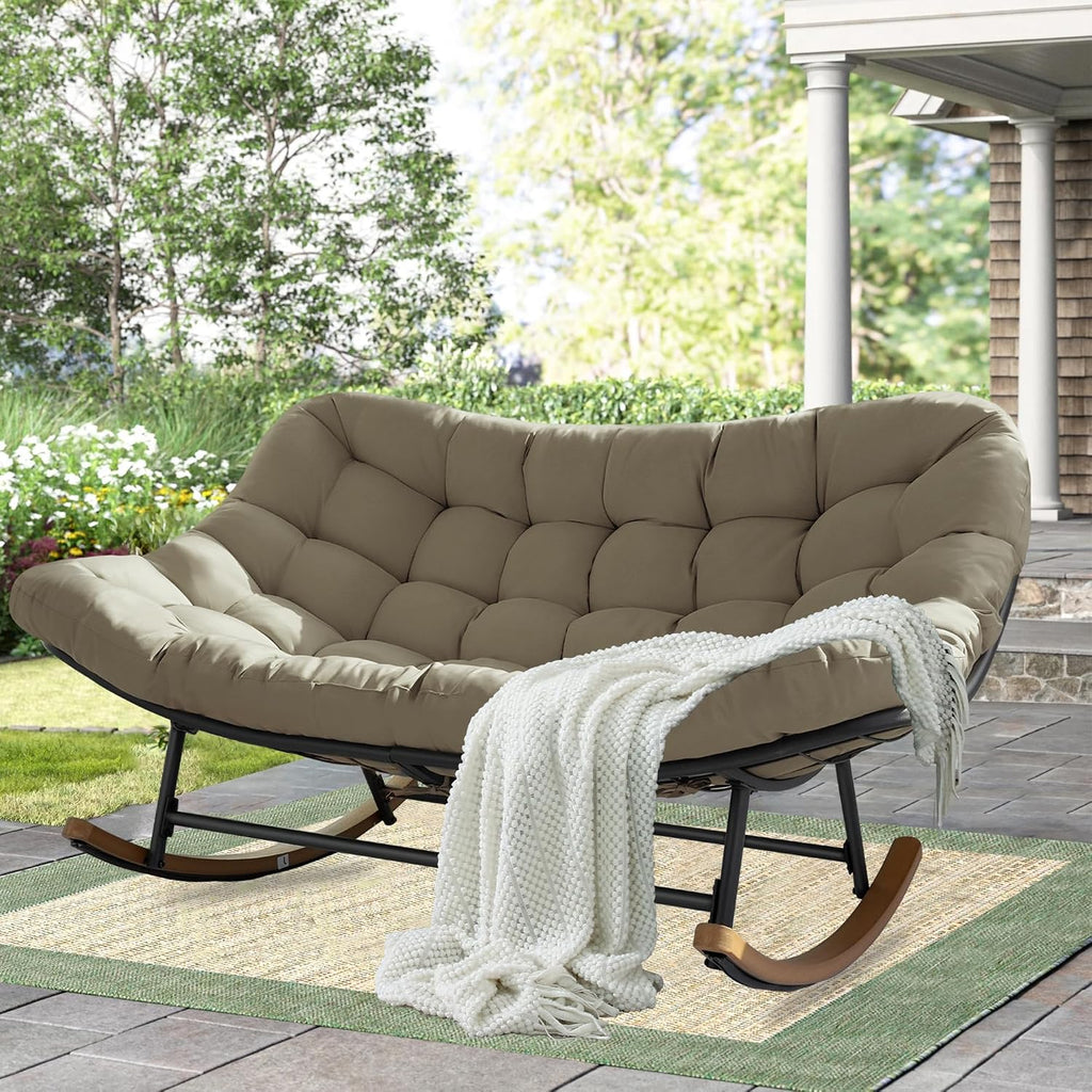 Double Papasan Patio Rocking Chair,Double Oversized Papasan Rocking Chair with Thick Cushions,Perfect for Indoor, Patio, or Balcony Use, Modern Outdoor Loverseat for Two.Khaki