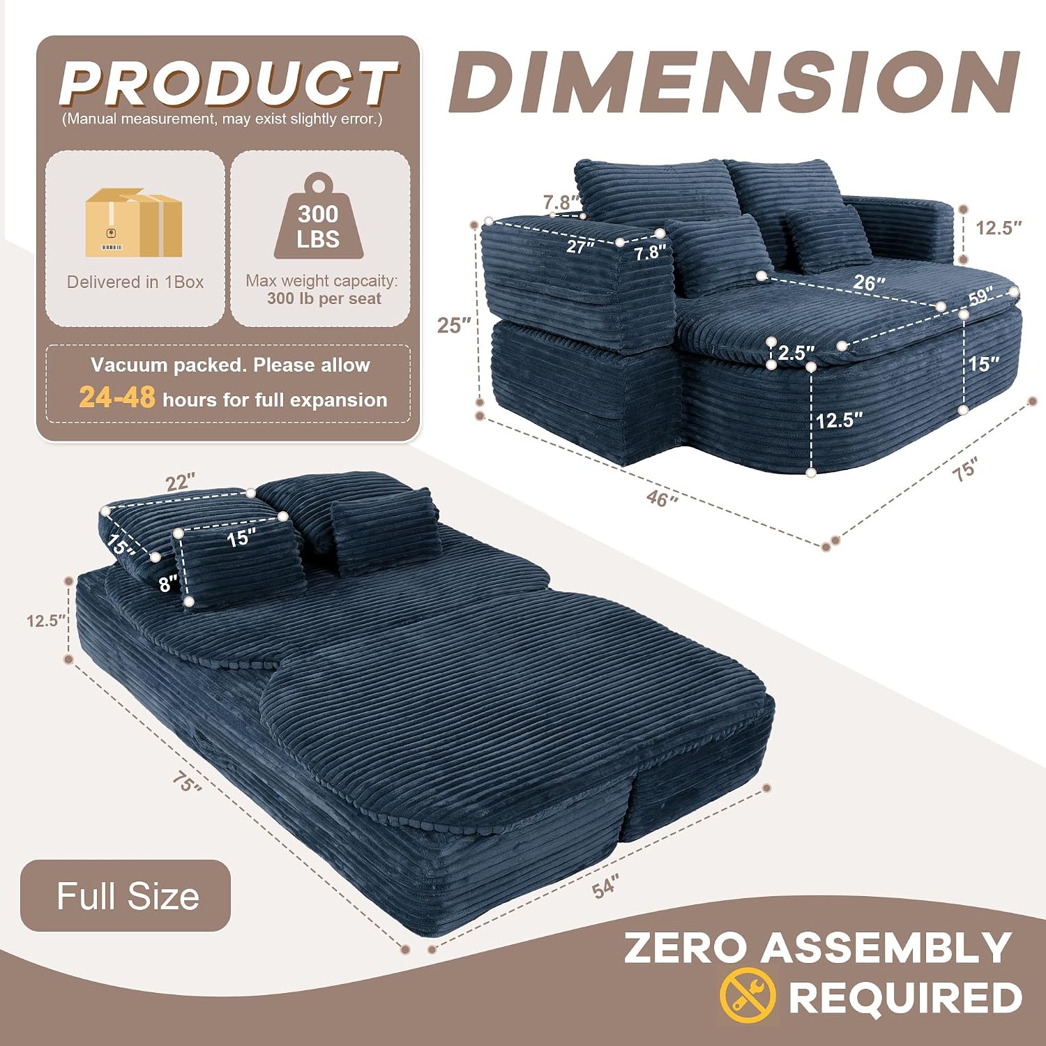 75'' Folding Sleeper Sofa Bed, Convertible Memory Foam Boneless Couch, Foldable Full Size Guest Bed, Modern 2-in-1 Futon Floor Sleeper Sofa with 4 Pillows and Blanket (Corduroy, Blue)