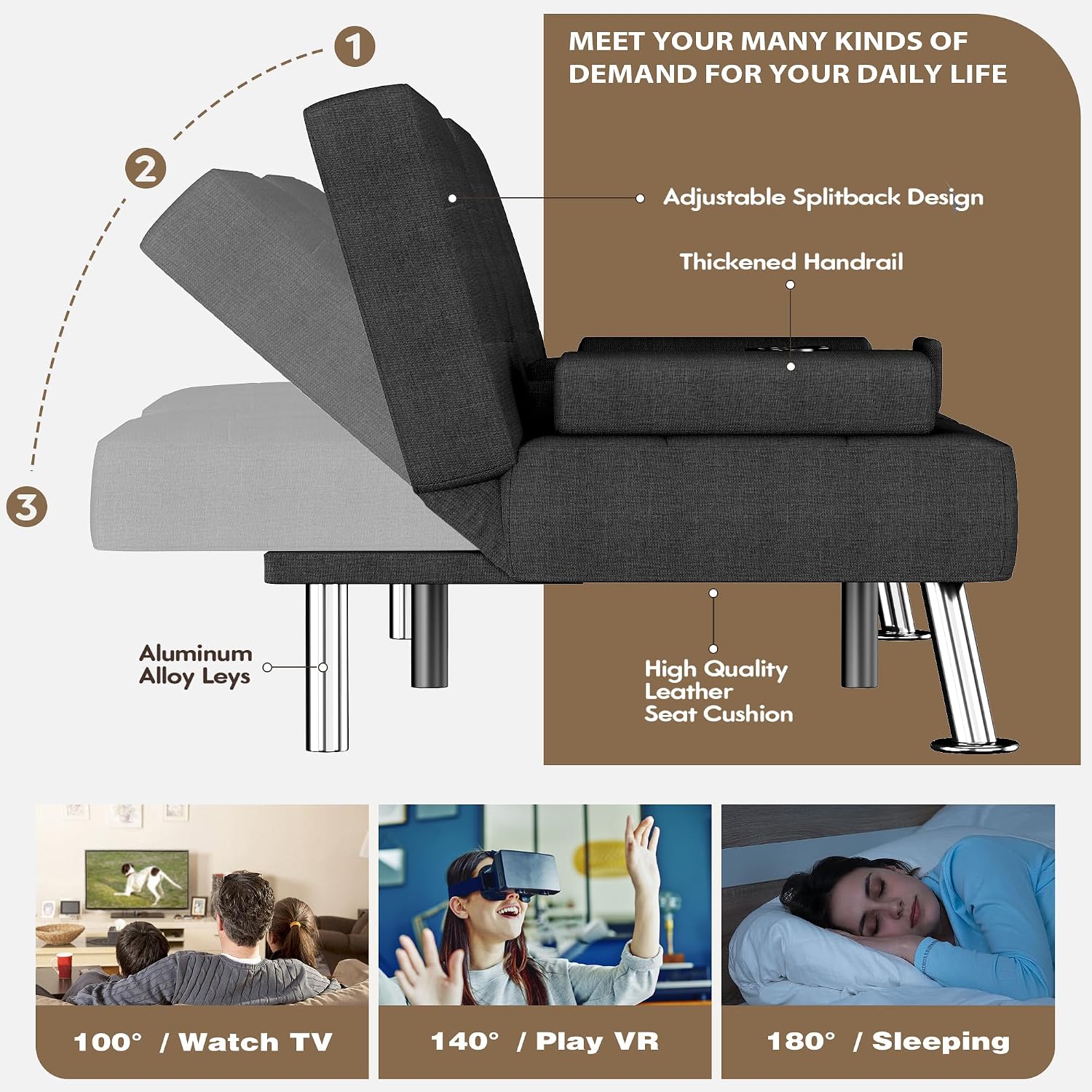 Homall Futon Sofa Bed, Futon Couch with Removable Armrests, Adjustable Recliner Sleeper Sofa Bed with Dual Cup Holders for Living Room, Apartment, Office (Fabric, Black)