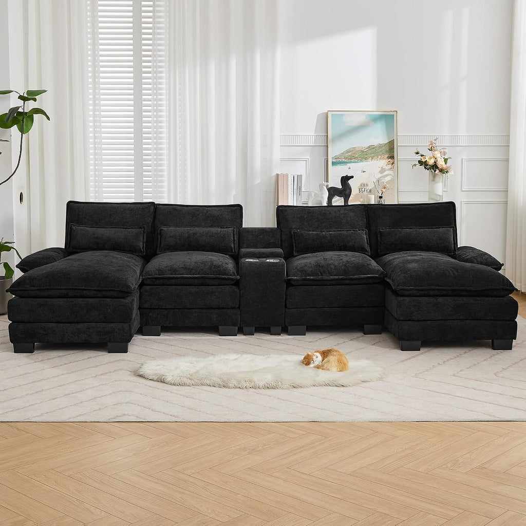 125'' U Shaped Cloud Modular Sofa with Chaise Lounges, Chenille Upholstered Comfy Sectional Couch with Storage Console, USB Charging Ports & Cup Holders, Small Deep Seat Sofa for Living Room, Black