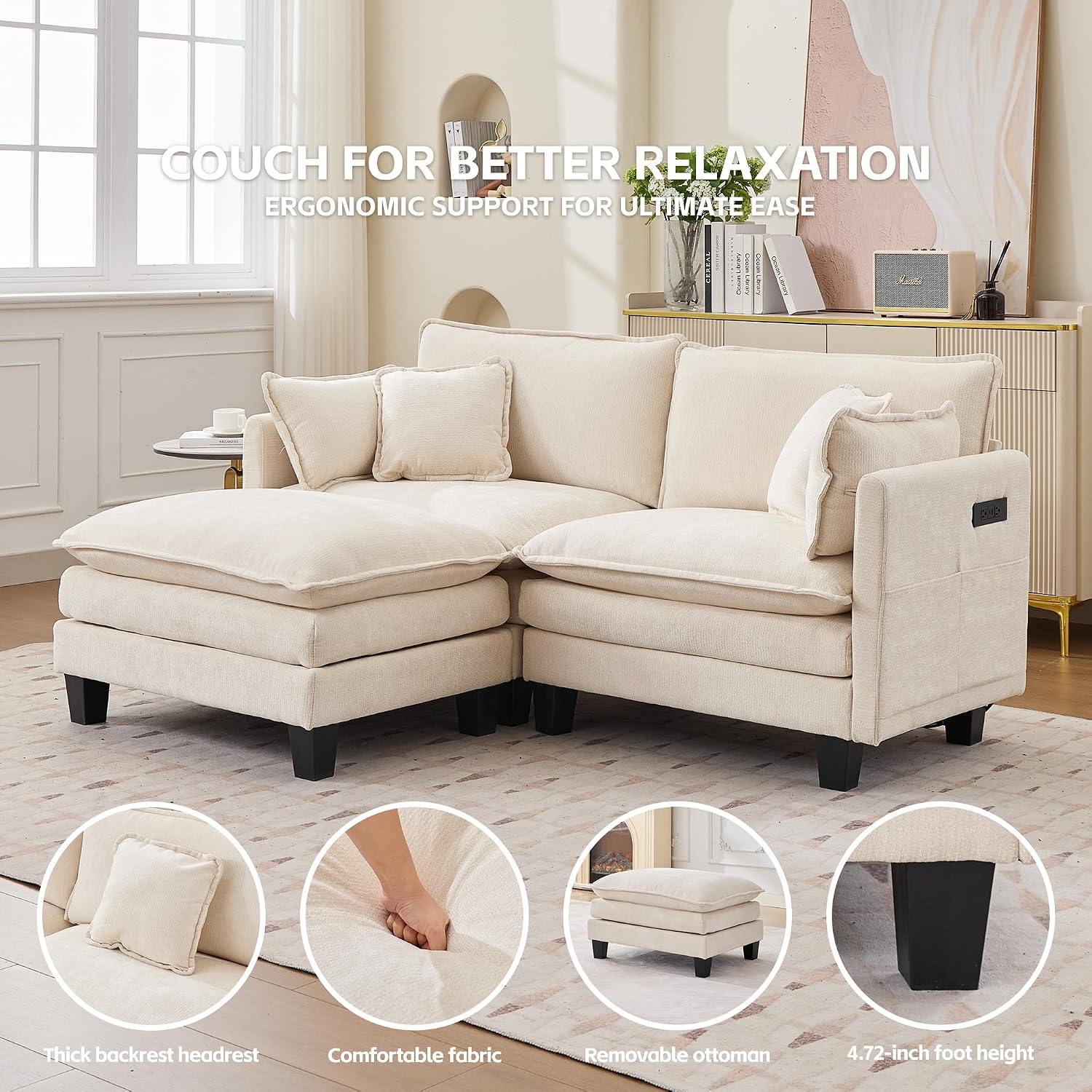 Opiesit Modular Sectional Sofa with Movable Ottoman, 75' 3-Seat Modern Couches for Living Room, Comfy L Shaped Couch Set with Deep Seat for Office and Apartment, Beige Chenille Fabric