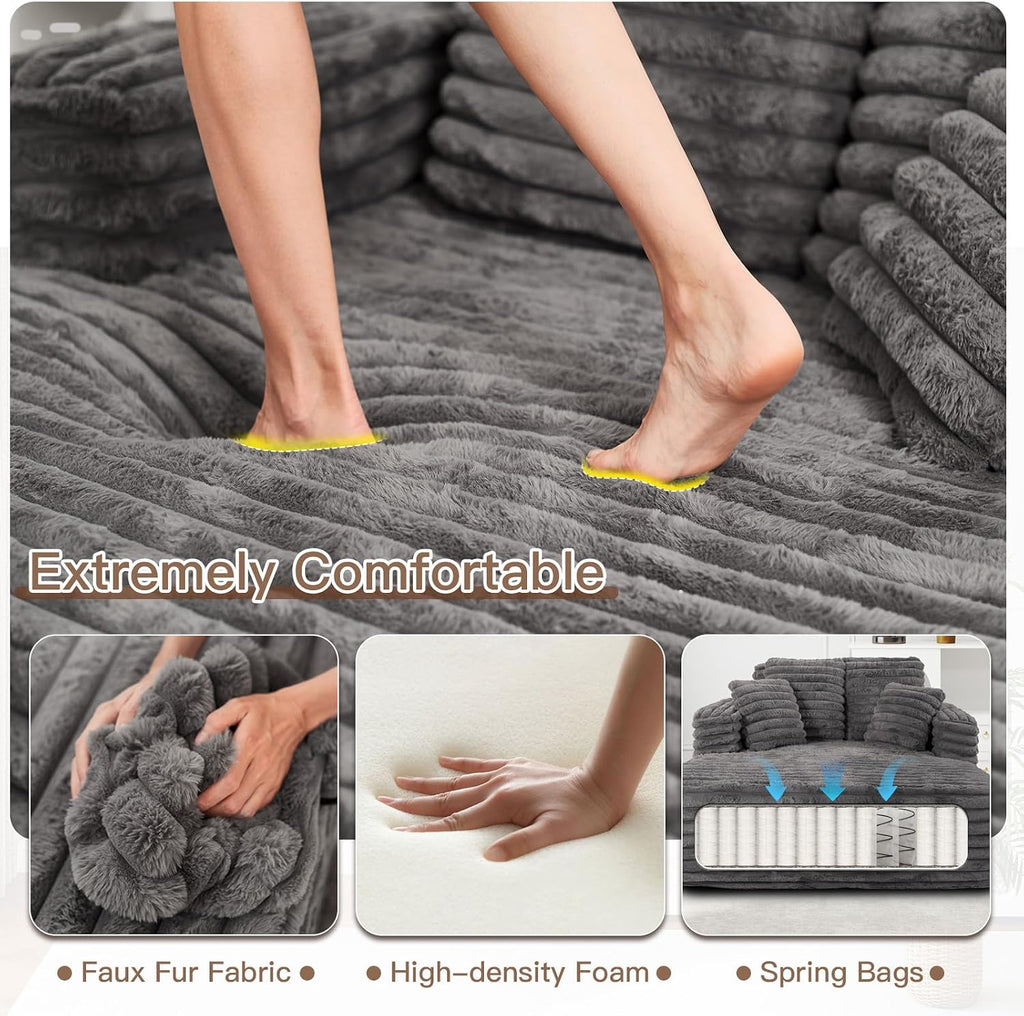 JEEOHEY 56' Oversized Chaise Lounge Chair Indoor,Plush Faux Fur Sleeper Sofa Couch Bed with Pillows&Wide Armrests,Fluffy Comfy Cloud Couch,Compression Foam Couch for Living Room,Bedroom(Grey)