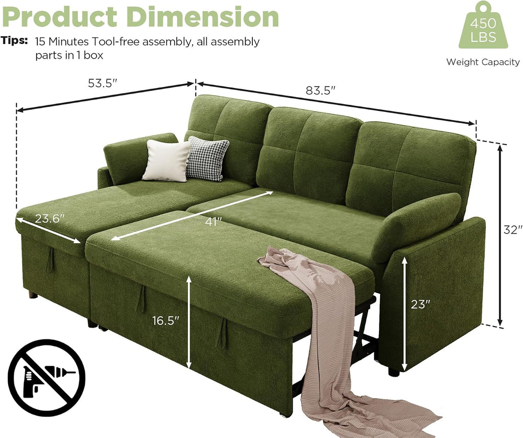 VanAcc Sleeper Sofa, Sofa Bed with Storage Chaise, Convertible Sofa Bed with Pull Out Couch, l Shaped Couch for Living Room, Linen Green