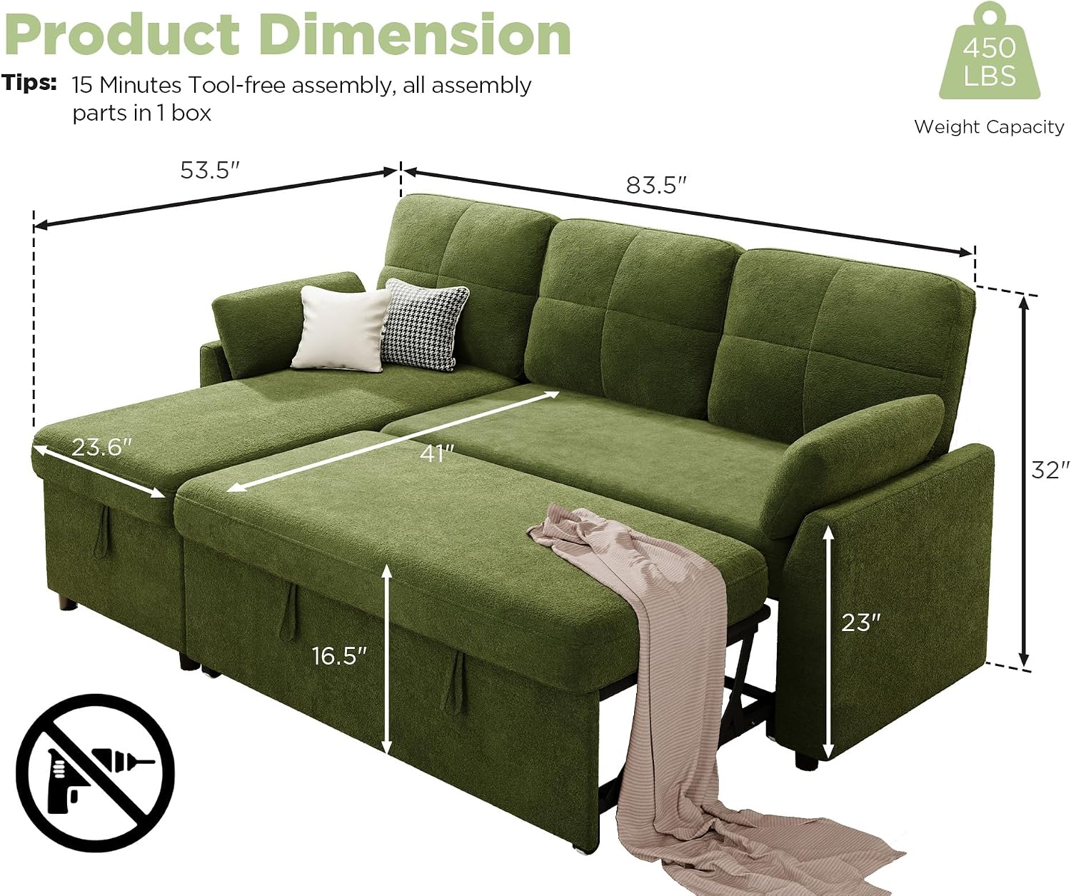 VanAcc Sleeper Sofa, Sofa Bed with Storage Chaise, Convertible Sofa Bed with Pull Out Couch, l Shaped Couch for Living Room, Linen Green