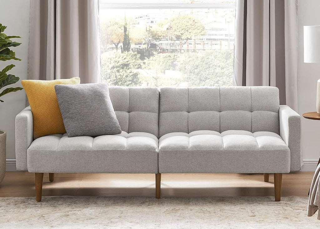 mopio Aaron 76.8' Couch, Small Futon Sofa Bed, Sleeper, Loveseat, Mid Century Modern Futon Couch, Sofa Cama, Couches for Living Room, Bedroom (Light Gray, Fabric)