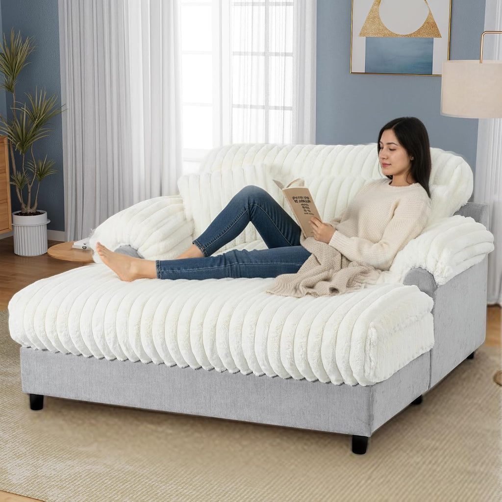 Merax 65' Oversized Chaise Lounge Chair with 2 Throw Pillows, Cloud Chaise Sofa Cozy Plush Boneless Sofa Bed for Living Room, Ergonomic Backrest & Curved Armrest (Beige)