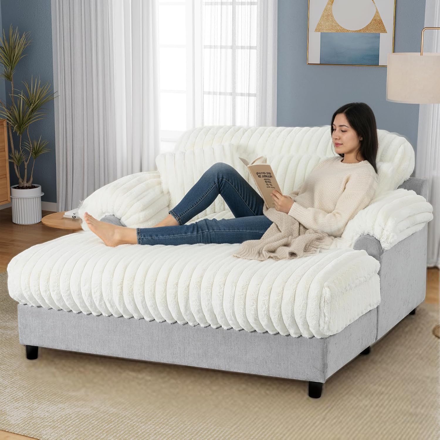 Merax 65' Oversized Chaise Lounge Chair with 2 Throw Pillows, Cloud Chaise Sofa Cozy Plush Boneless Sofa Bed for Living Room, Ergonomic Backrest & Curved Armrest (Beige)