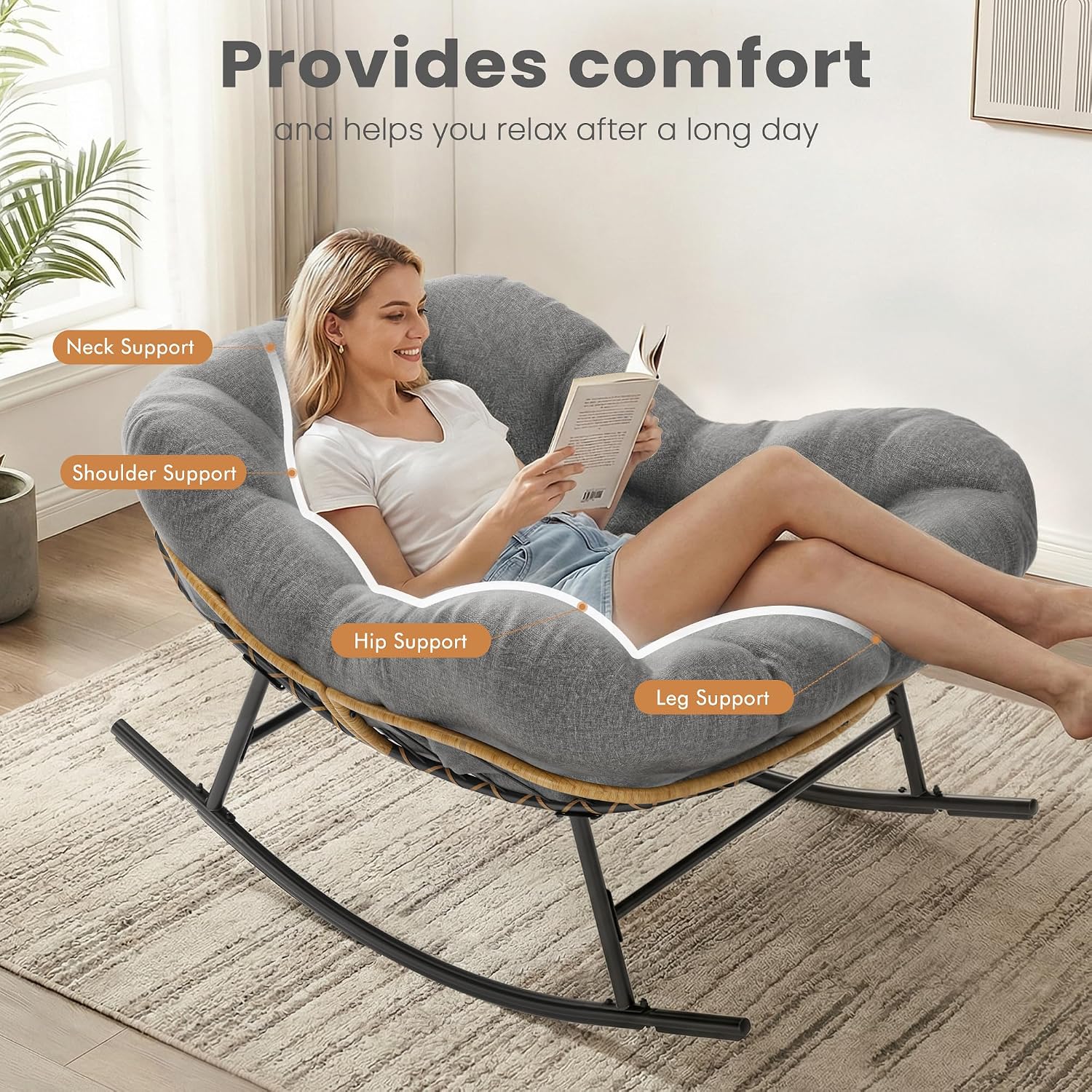 Easyego Oversized Papasan Rocking Chair Indoor Outdoor Use, Comfortable Wicker Rocker with Cozy Thicken Cushion for Deck, Balcony, Poolside, Lawn, Bedroom, Living Room, Dark Grey