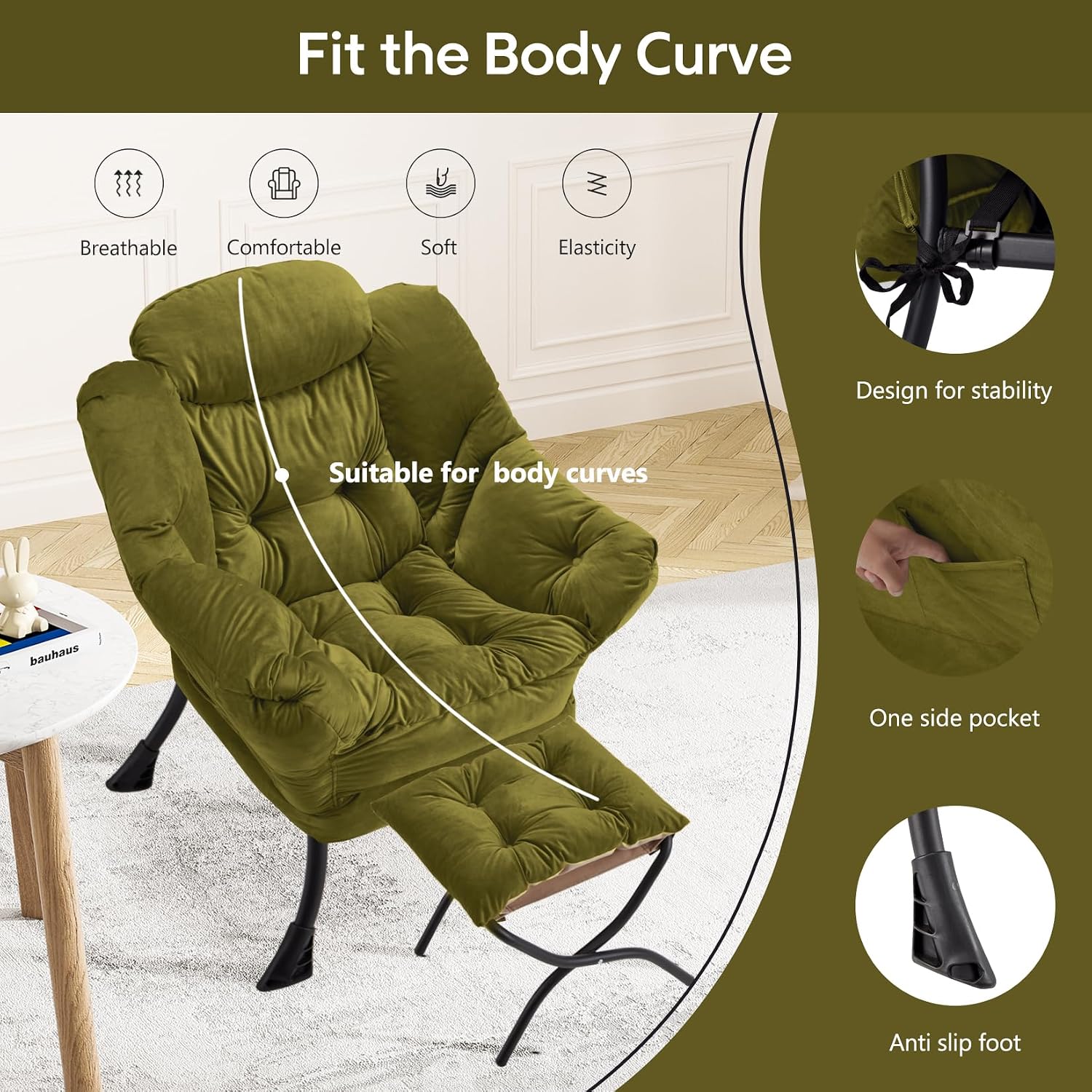 Lazy Chair with Folding Ottoman Modern Large Accent Chair,Contemporary Lounge Leisure Sofa Chair with Armrests Upholstered Sofa Armchair Reading Chair for Bedroom,Dorm & Office(Green-f)