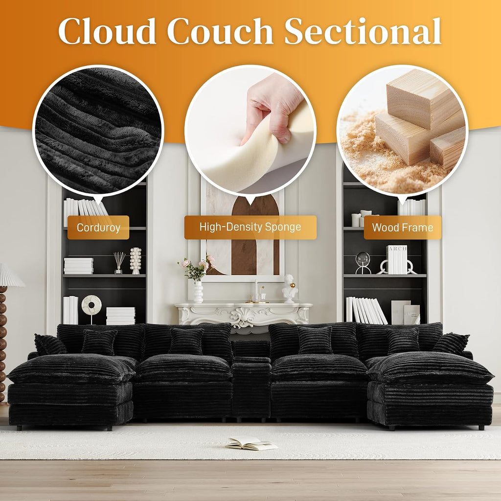 HYJT-H&K 145' U Shaped Cloud Couch Modular Dark Black Sectional Couches for Living Room, Comfy Fluffy Corduroy Oversized Cloud Sectional Couch Large 6 Seat Sectionals Sofa Set Central Console USB Port