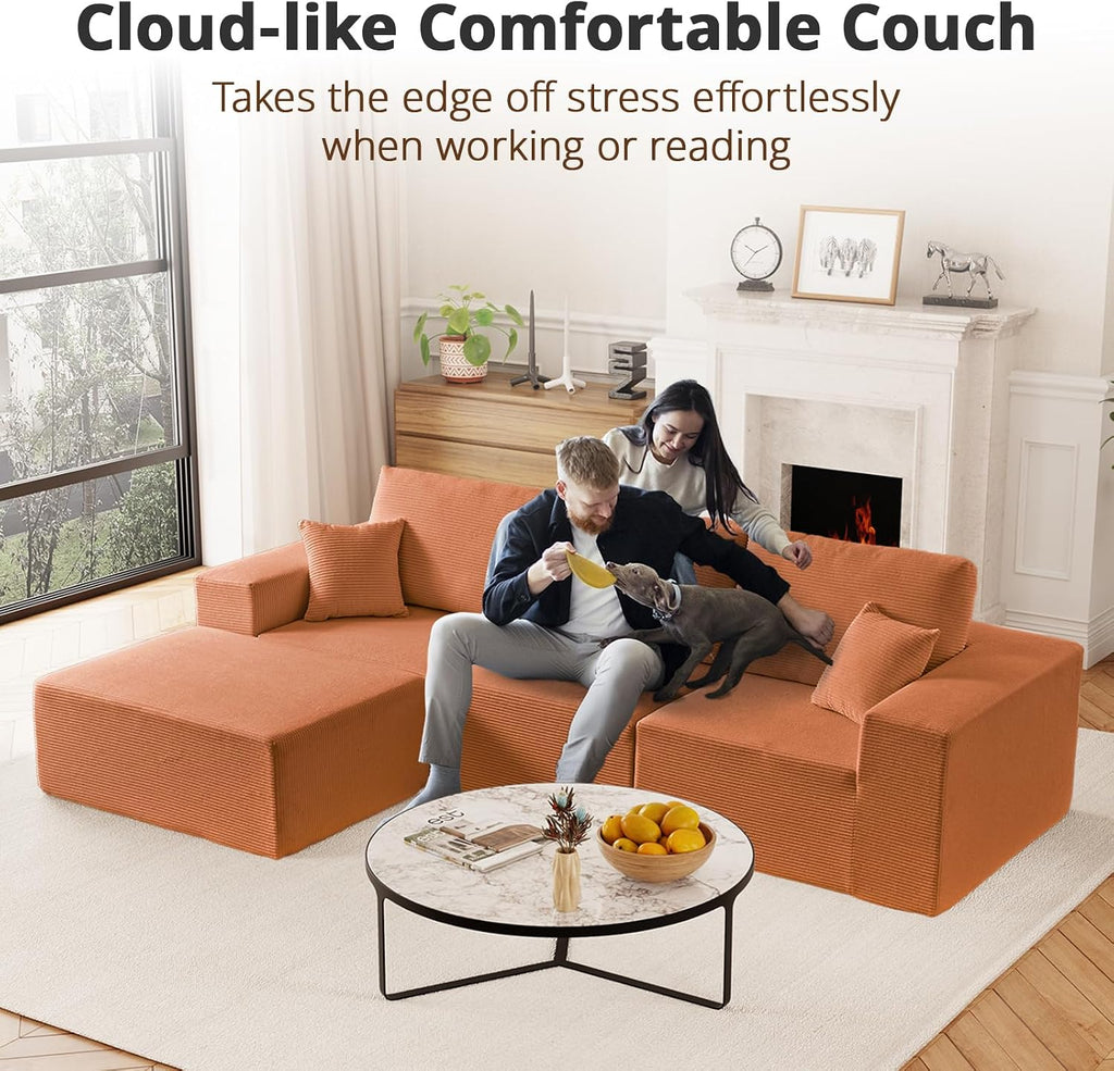 108' L-Shaped Boneless Couch, High Seat Modular Sectional Sofa with Moveable Ottoman, Corduroy Cloud Couches for Living Room, No Assembly, Ship in a Box, Orange