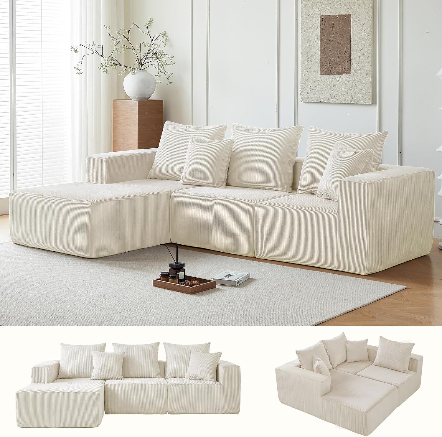 101' Cloud Couch for Bedroom,Boneless Couch with Oversized Chaise,4-Seat Chenille Deep Seat Sofa with 5-Pillows for Living Room,Corduroy Sofa in A Box,Beige