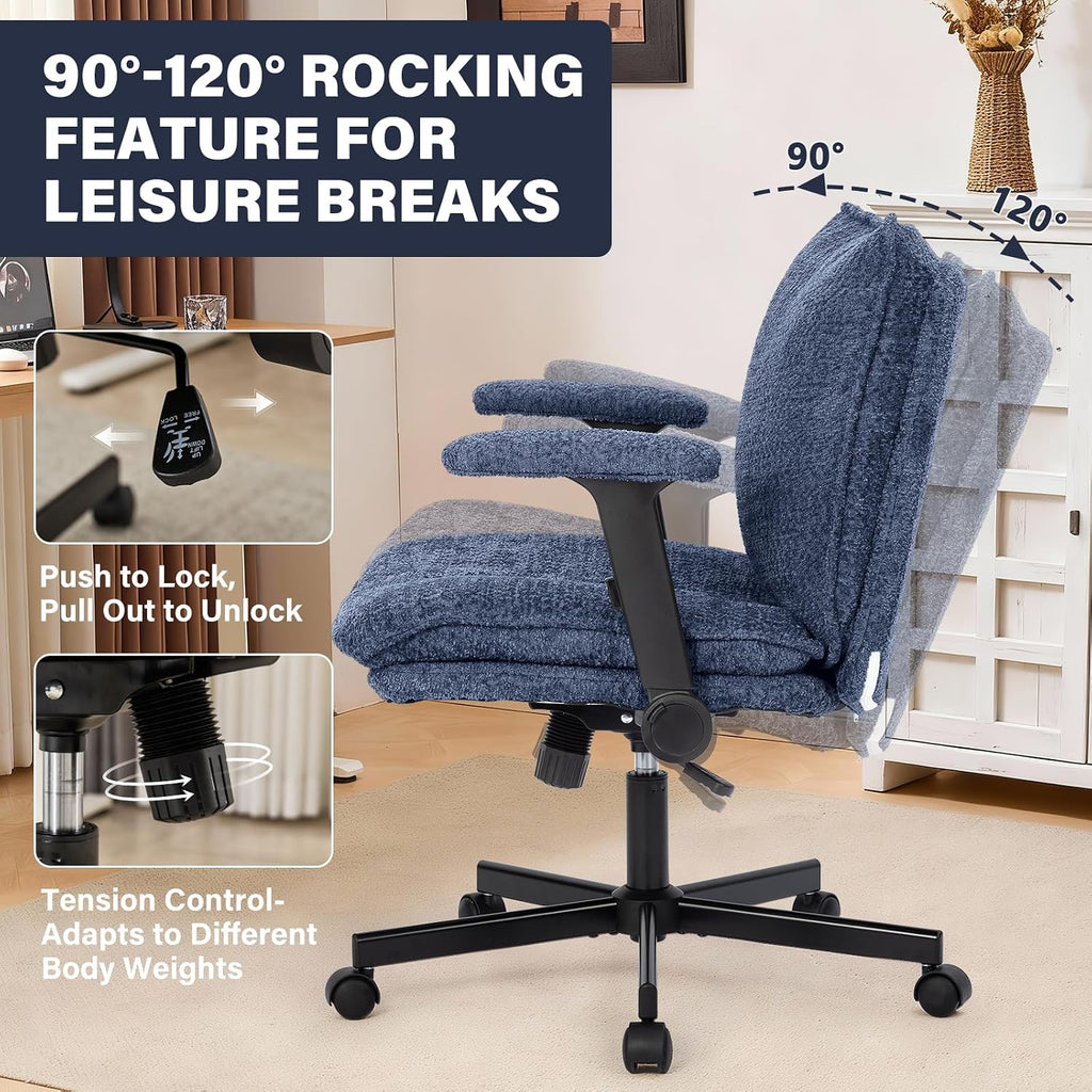 Kassipo Criss Cross Legged Office Chair with Wheels and Flip-Up Arms, Upholstered Criss Cross Desk Chair, Wide Seat Chairs for Home Office, Vanity, Apartment, Navy Blue
