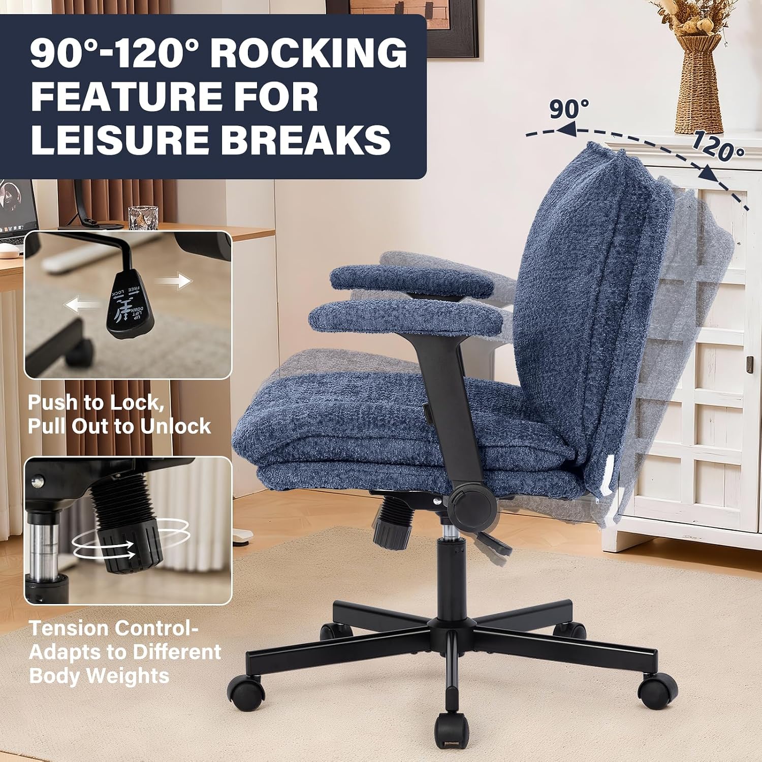 Kassipo Criss Cross Legged Office Chair with Wheels and Flip-Up Arms, Upholstered Criss Cross Desk Chair, Wide Seat Chairs for Home Office, Vanity, Apartment, Navy Blue