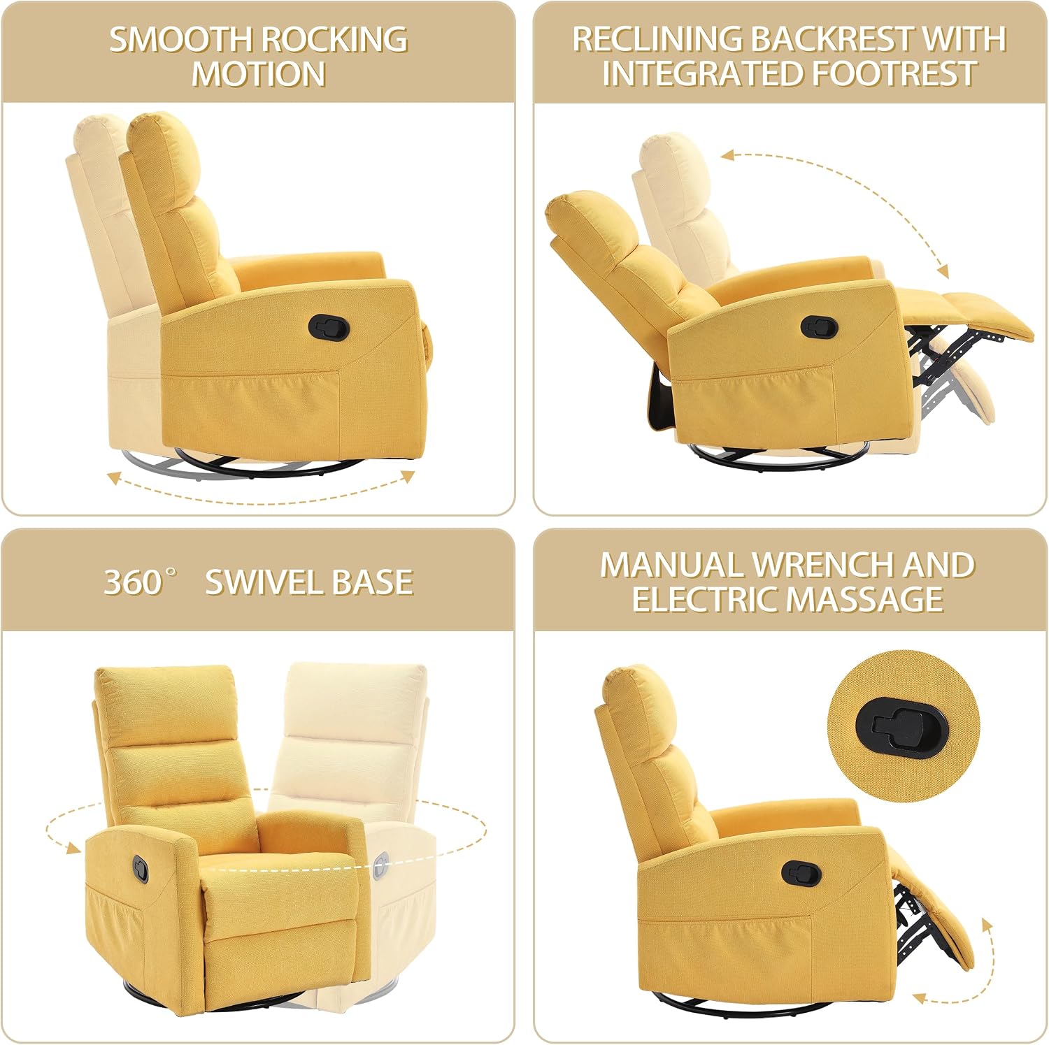 PELUMY Manual Recliner Chair, 360° Swivel Glider and Rocker Recliner with 155° Recline, Compact Fabric Recliner for Small Space, Nursery, Living Room, Bedroom, No Tools Assembly (Yellow)