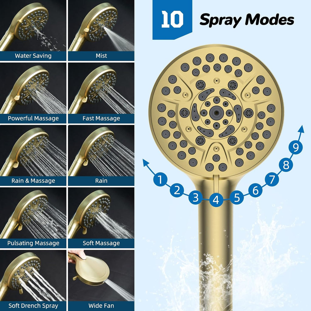 Hibbent cUPC Certified 13'' Shower Head Combo, High Pressure 5 Spray Rainfall Showerhead, 10 Spray Handheld, All Metal Easy Reach 4-way Diverter Arm with Pause Mode, 71'' Hose and Holder, Brushed Gold