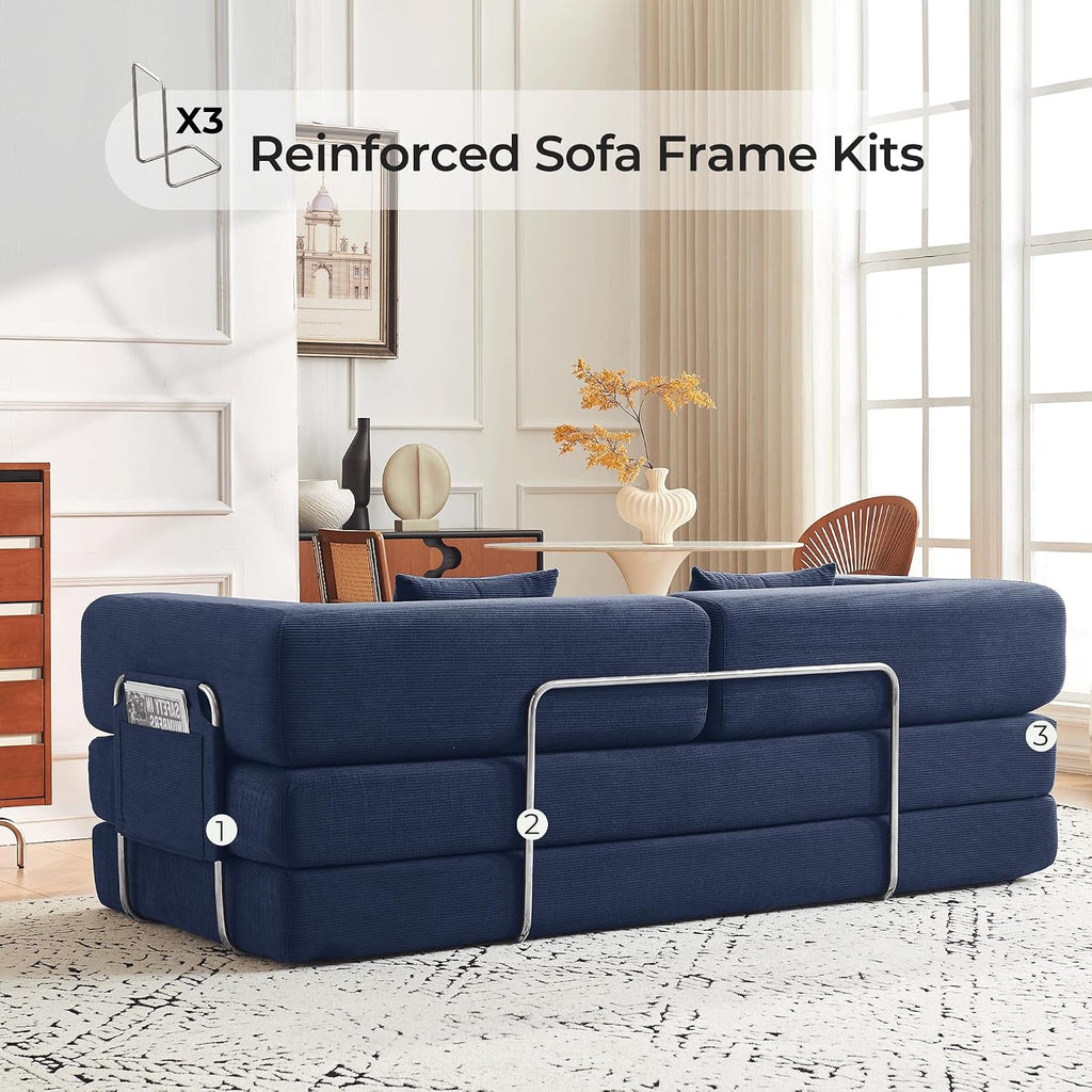 79' Convertible Sofa Bed with Pillows, Corduroy Folding Sleeper Sofa with Fixed-Shape Frame, Boneless Couch for Living Room Bedroom, Floor Sofa Lounge No Assembly Required (A - Style - Blue)