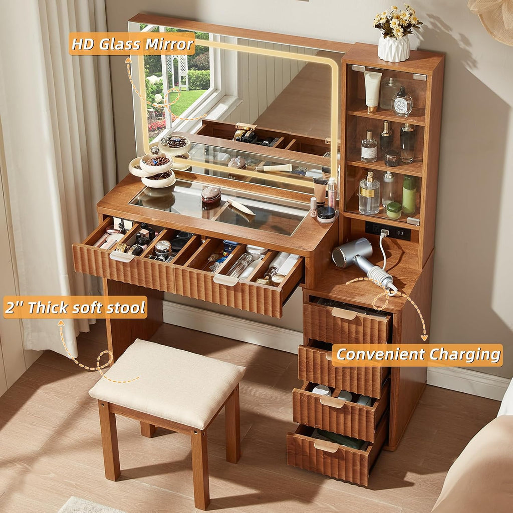 LEYAOYAO Vanity Desk with Mirror and Lights, 43.5'' Fluted Makeup Vanity with 6 Drawers and Adjustable Shelves, Glass Top Make Up Vanity, Girls Wood Dressing Table with Power Outlet for Bedroom
