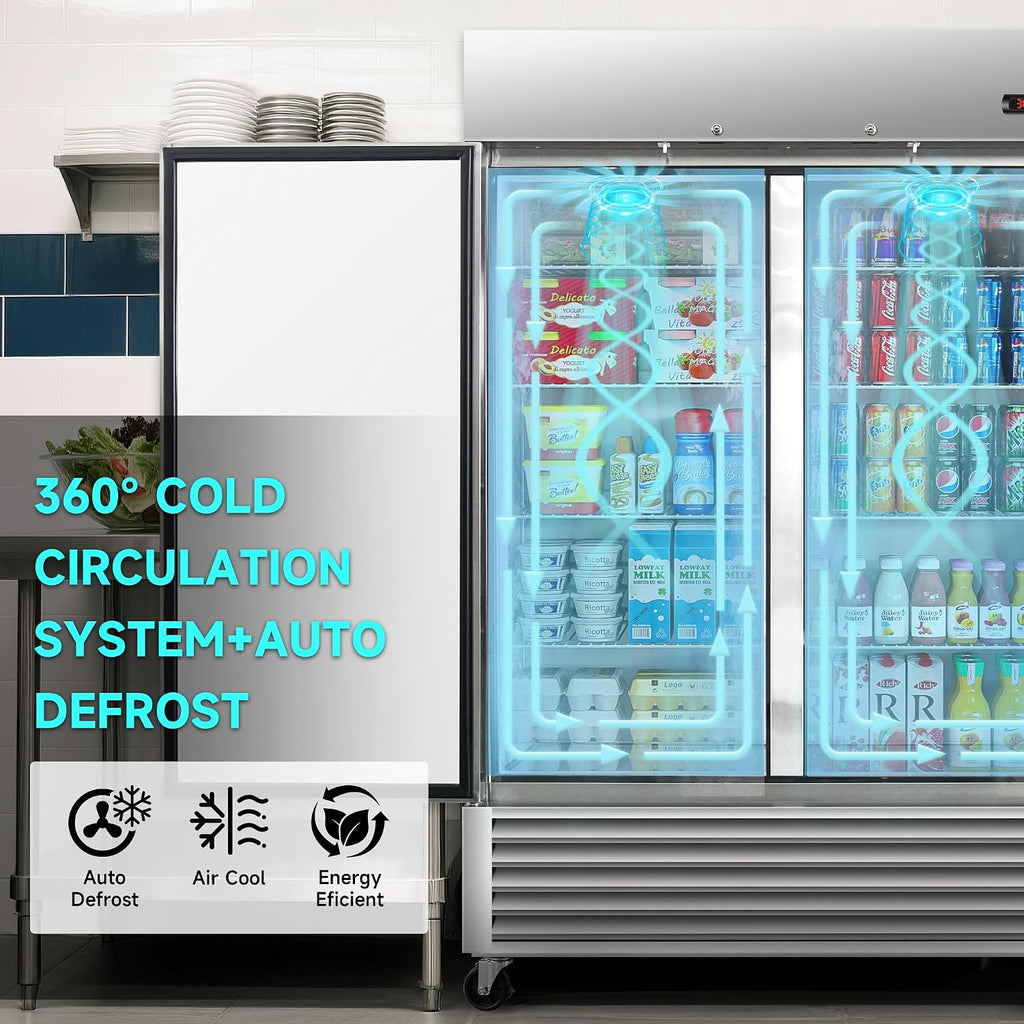 DeepTide 54' W Commercial Refrigerator with Double-Door: 49 Cubic Feet Storage, Adjustable Shelving, Automatic Defrosting, Precision Digital Thermostat, LED Lights, Safety Locks