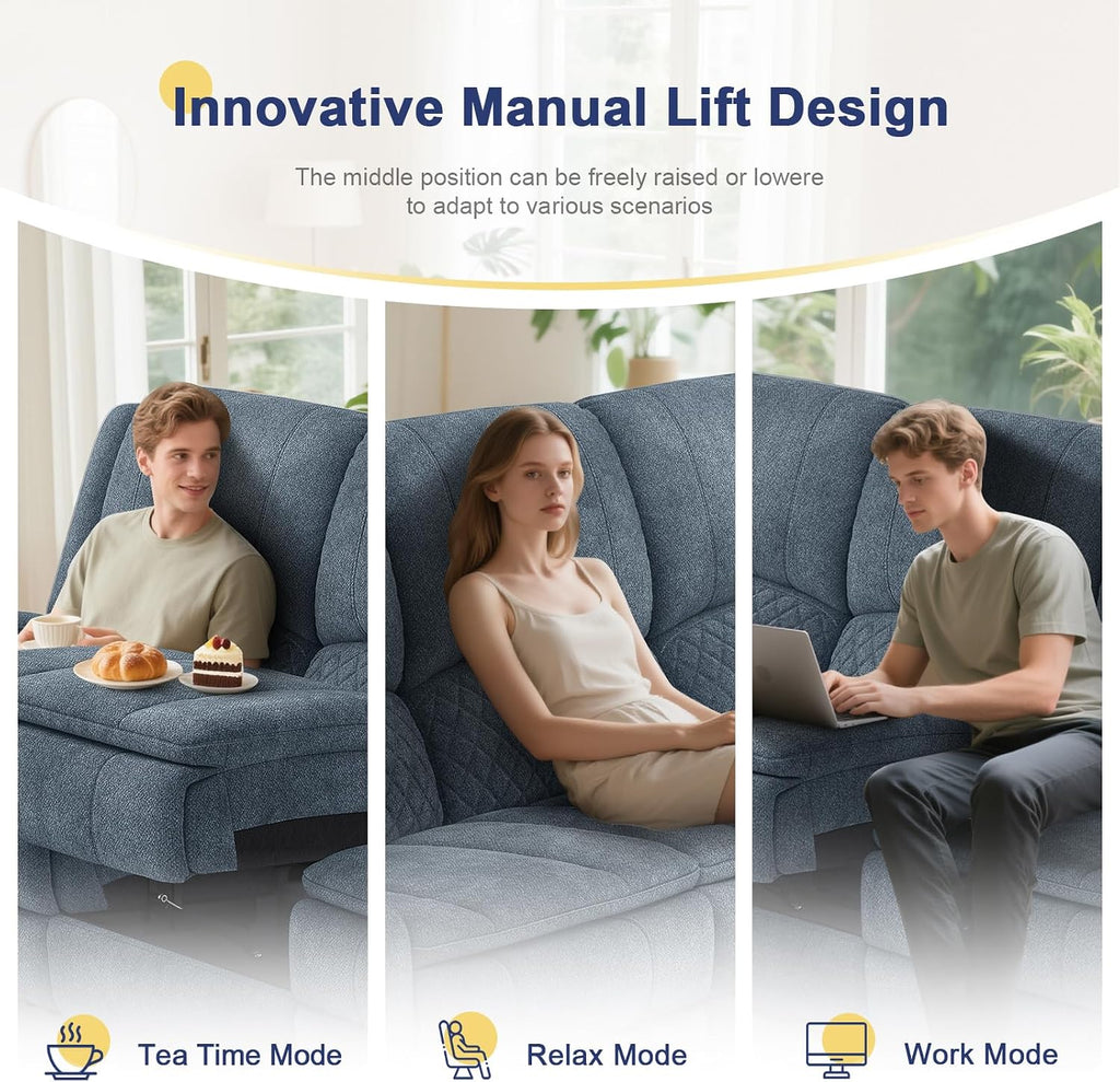 3+1 Manual Recliner Sofa, Maximum Load Capacity 1800lbs & Ergonomics Design, Multi-Functional Middle Seat & Home Theater Seating with Removable Armrest and Storage for RV Living Room (Fabric,Blue)