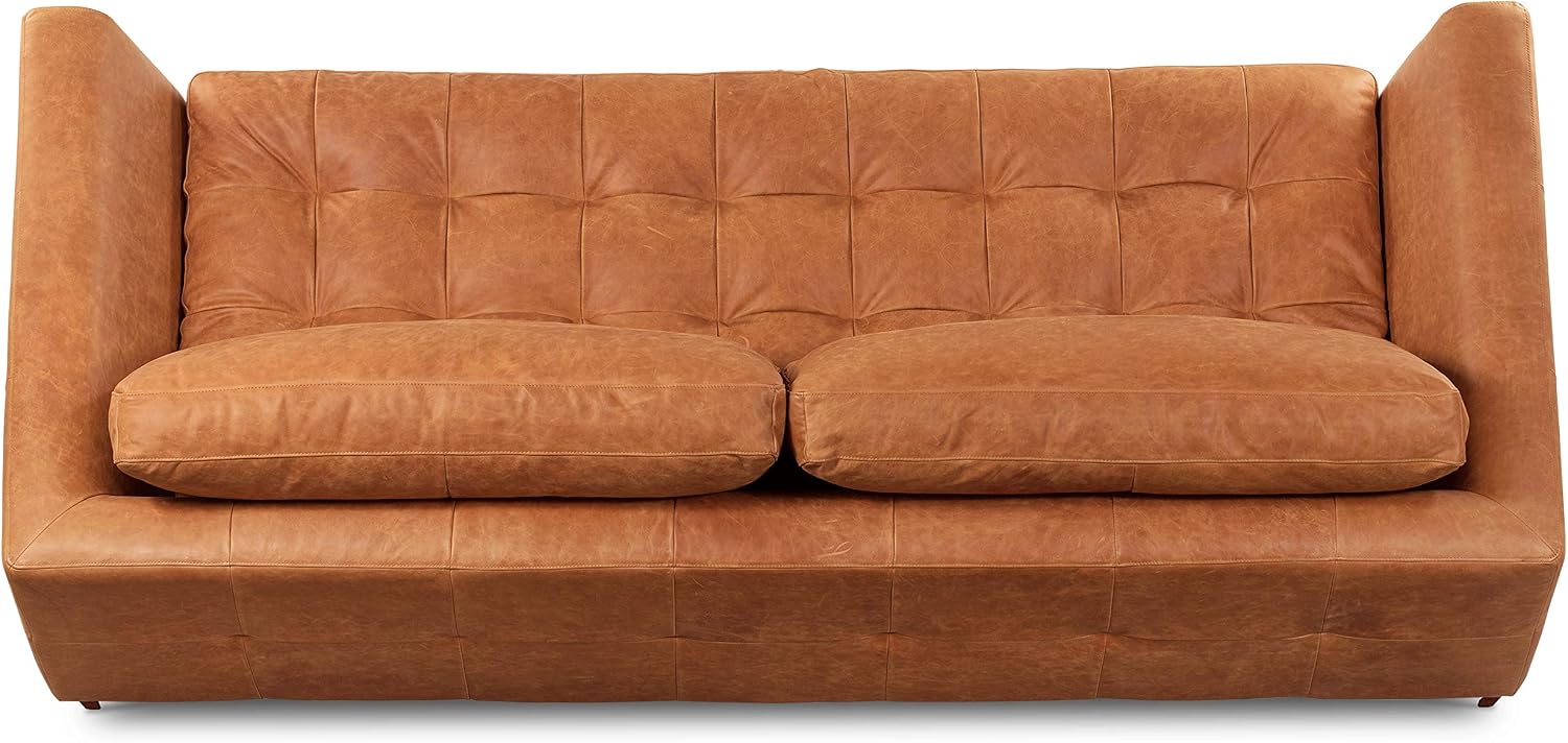 Poly & BARK Calle 90' Sofa Full-Grain Pure-Aniline Italian Leather in Cognac Tan, Solid Wood Legs